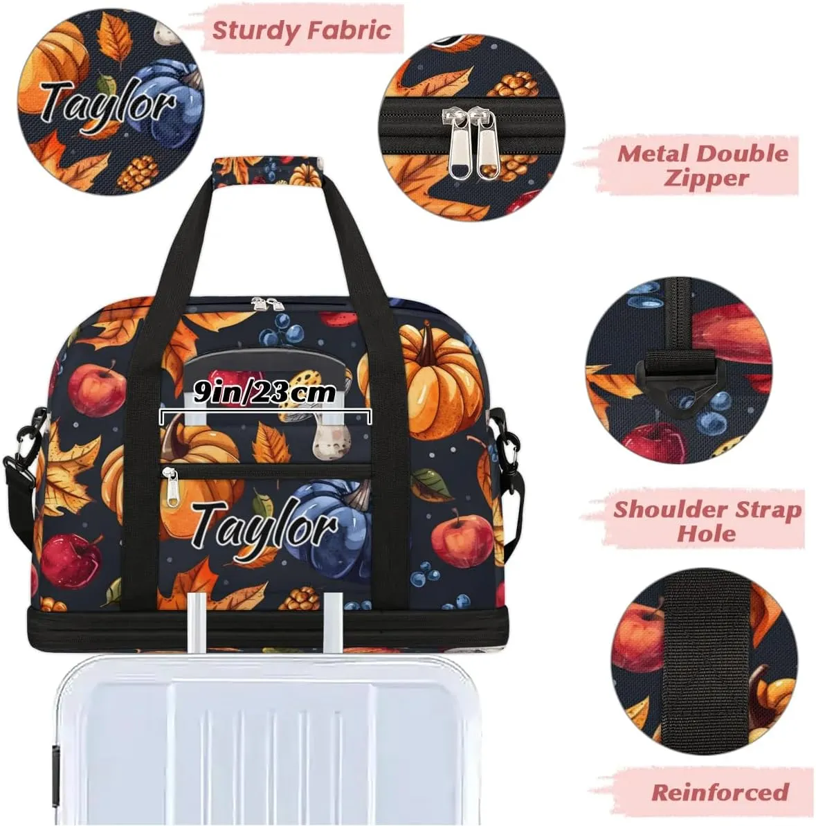 Personalized Duffel Bag with Name, Custom Food Vegetables Travel Sports Gym Yoga Beach Bag Customized Weekender Overnight Bag with Shoes Compartment for Women, Pumpkin Fall