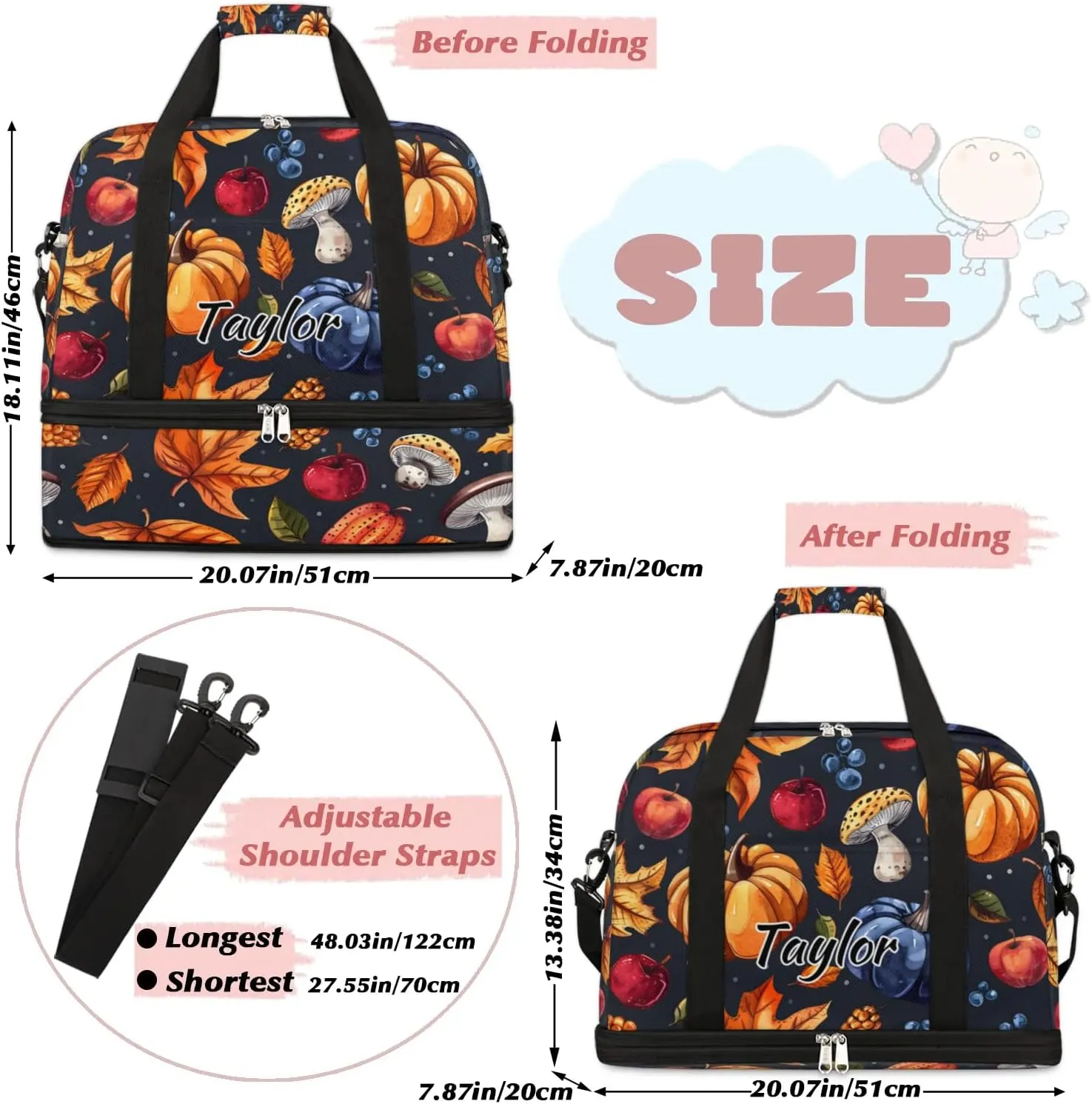 Personalized Duffel Bag with Name, Custom Food Vegetables Travel Sports Gym Yoga Beach Bag Customized Weekender Overnight Bag with Shoes Compartment for Women, Pumpkin Fall