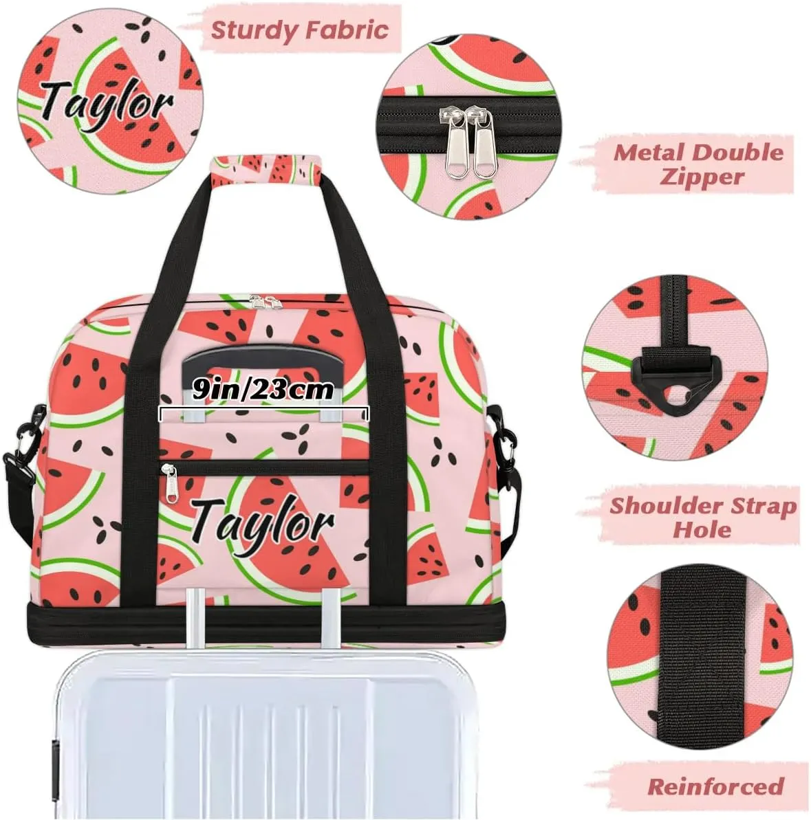 Personalized Duffel Bag with Name, Custom Watermelon Travel Sports Gym Yoga Beach Bag Customized Weekender Overnight Bag with Shoes Compartment for Women, Summer Fruit Watermelon
