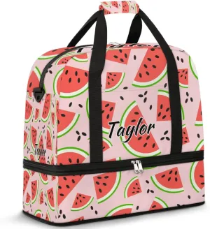 Personalized Duffel Bag with Name, Custom Watermelon Travel Sports Gym Yoga Beach Bag Customized Weekender Overnight Bag with Shoes Compartment for Women, Summer Fruit Watermelon