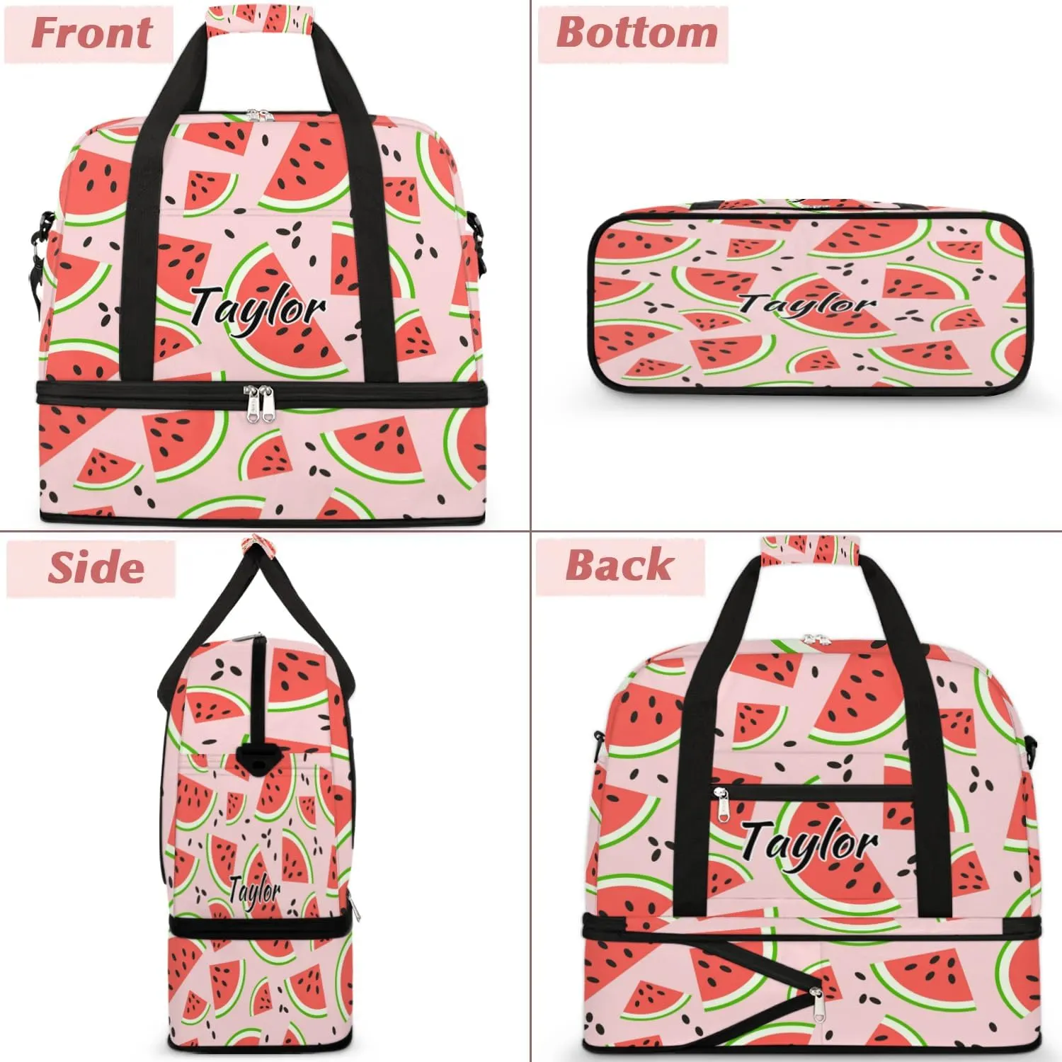 Personalized Duffel Bag with Name, Custom Watermelon Travel Sports Gym Yoga Beach Bag Customized Weekender Overnight Bag with Shoes Compartment for Women, Summer Fruit Watermelon