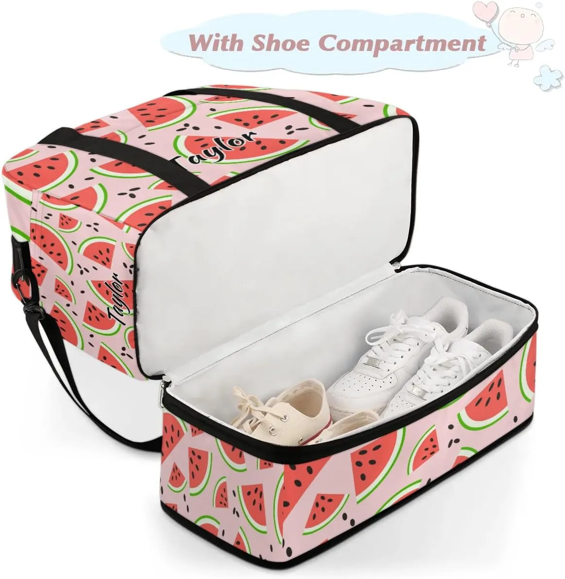 Personalized Duffel Bag with Name, Custom Watermelon Travel Sports Gym Yoga Beach Bag Customized Weekender Overnight Bag with Shoes Compartment for Women, Summer Fruit Watermelon