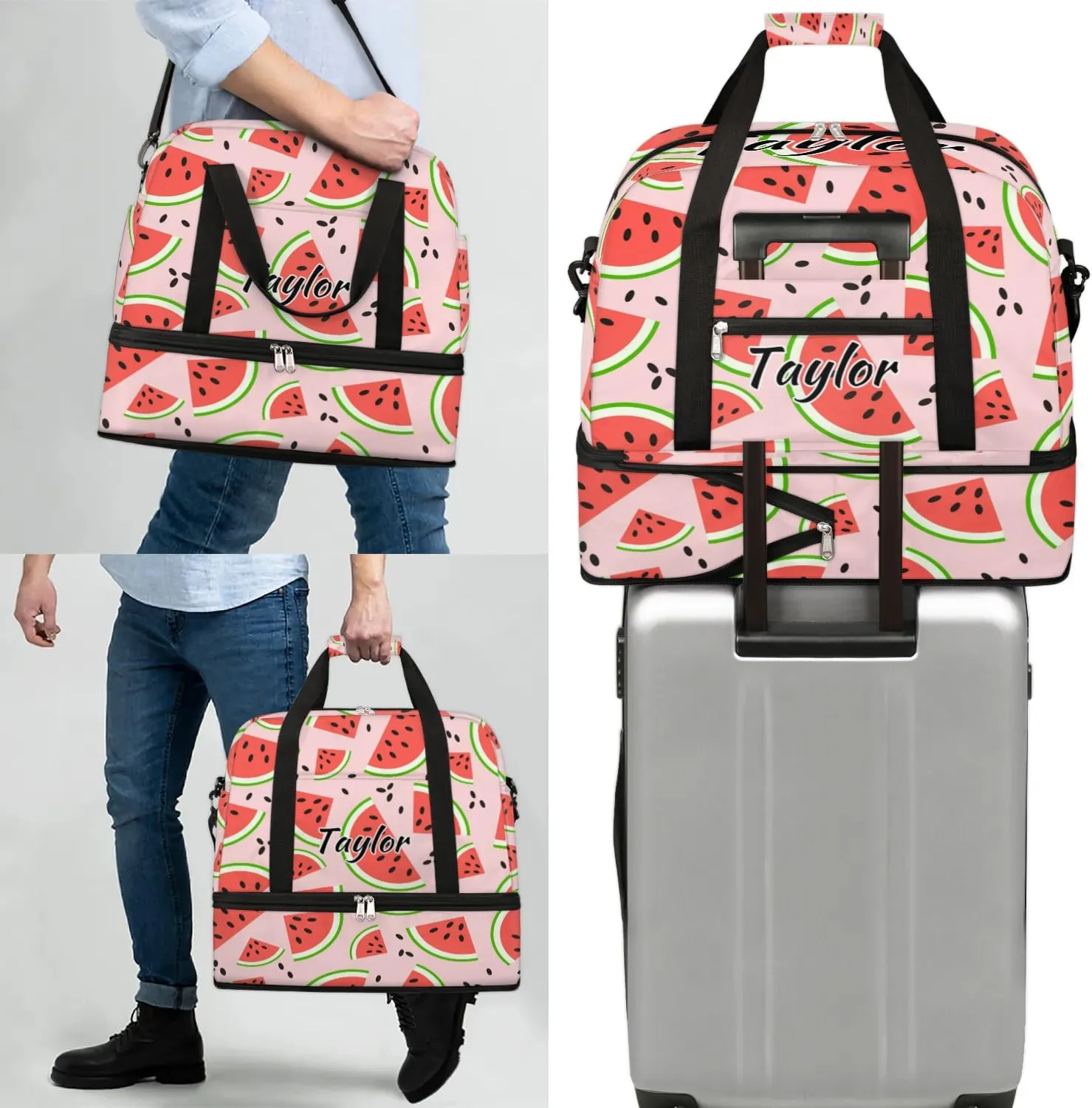 Personalized Duffel Bag with Name, Custom Watermelon Travel Sports Gym Yoga Beach Bag Customized Weekender Overnight Bag with Shoes Compartment for Women, Summer Fruit Watermelon