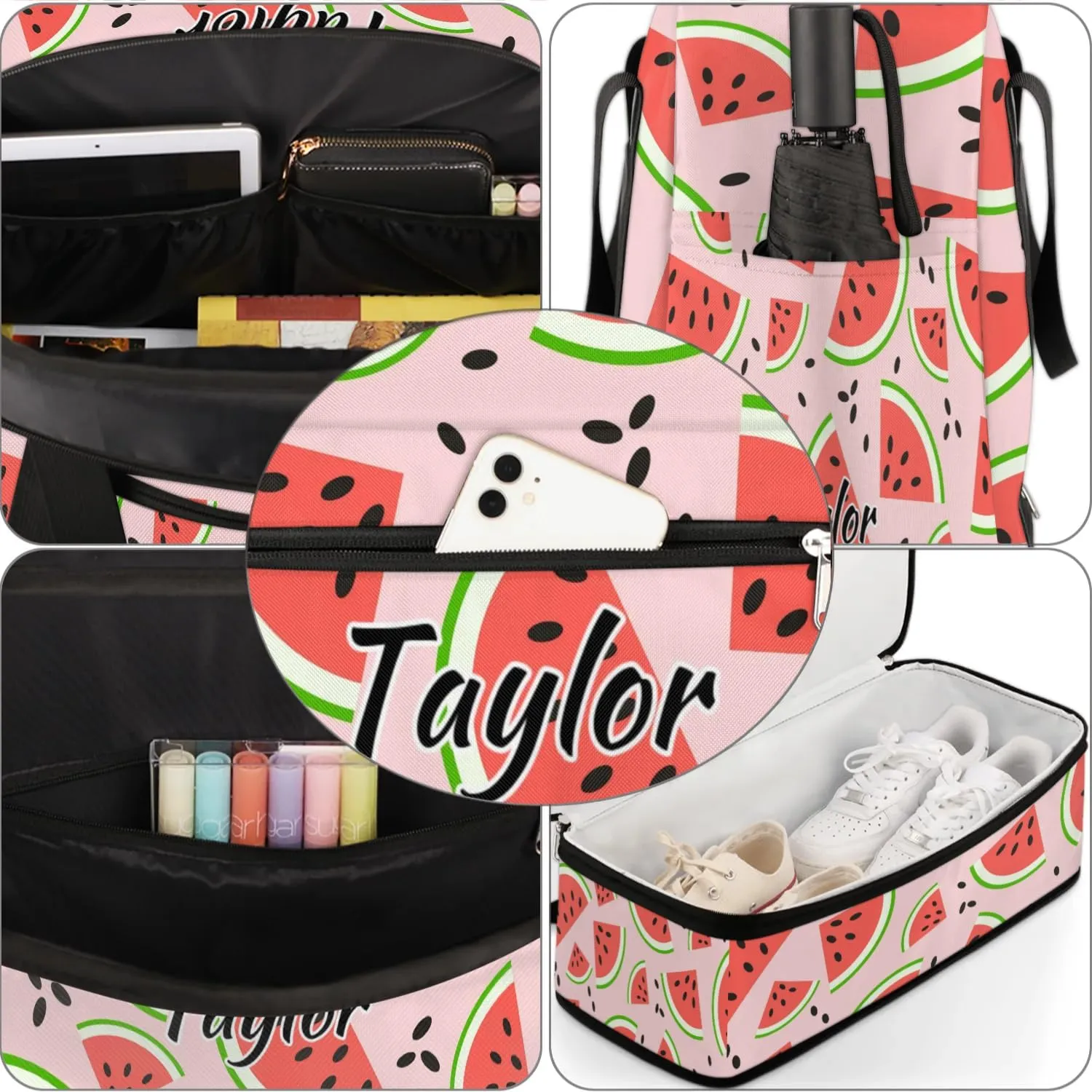 Personalized Duffel Bag with Name, Custom Watermelon Travel Sports Gym Yoga Beach Bag Customized Weekender Overnight Bag with Shoes Compartment for Women, Summer Fruit Watermelon