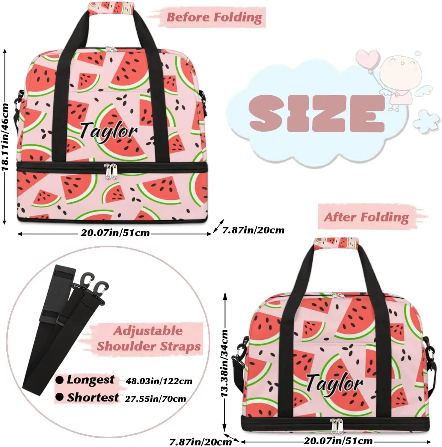 Personalized Duffel Bag with Name, Custom Watermelon Travel Sports Gym Yoga Beach Bag Customized Weekender Overnight Bag with Shoes Compartment for Women, Summer Fruit Watermelon
