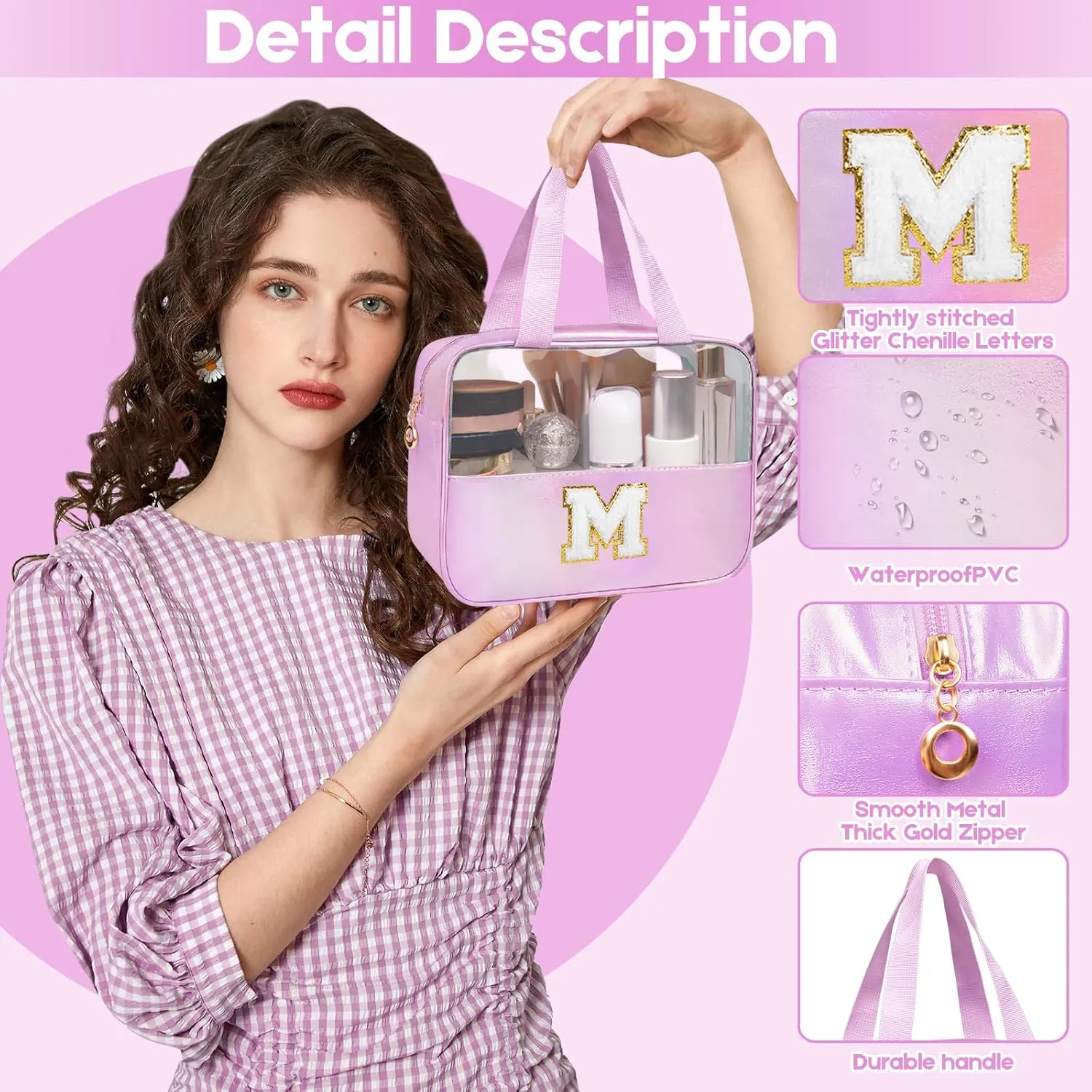 Personalized Initial Clear Makeup Bag Purple Cosmetic Bag Set Large Travel Toiletry Bag, Cute Clear Make Up Bags Organizer Bag for Girlfriend Teacher Gifts Teen Girl Gifts Trendy Stuff K（purple）