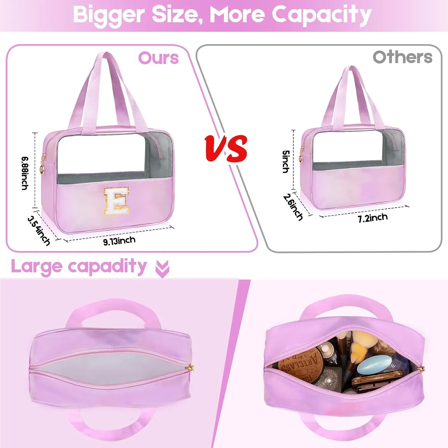 Personalized Initial Clear Makeup Bag Purple Cosmetic Bag Set Large Travel Toiletry Bag, Cute Clear Make Up Bags Organizer Bag for Girlfriend Teacher Gifts Teen Girl Gifts Trendy Stuff K（purple）