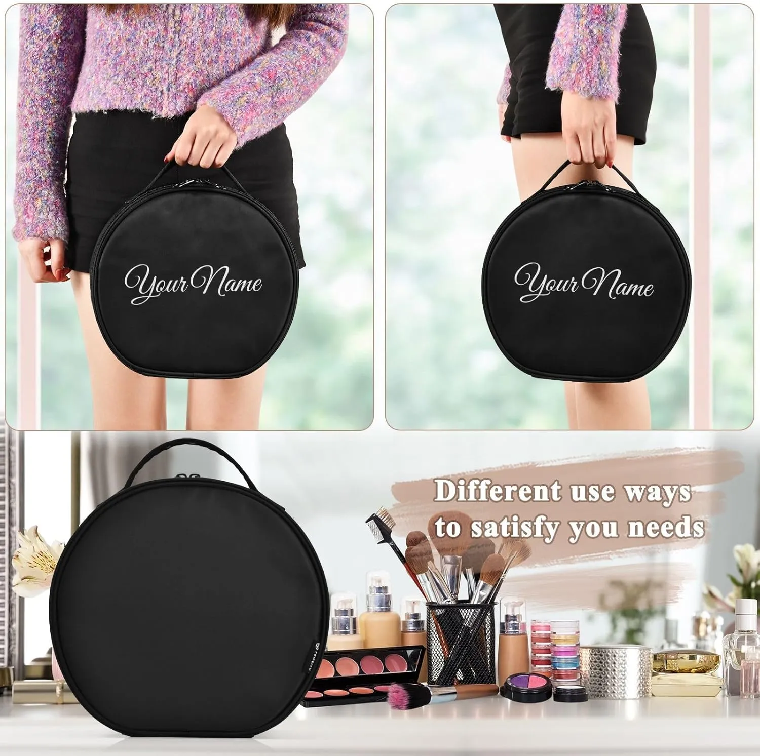 Personalized Makeup Organizer Bag Black Solid Travel Round Cosmetic Bag Portable Storage Case for Women