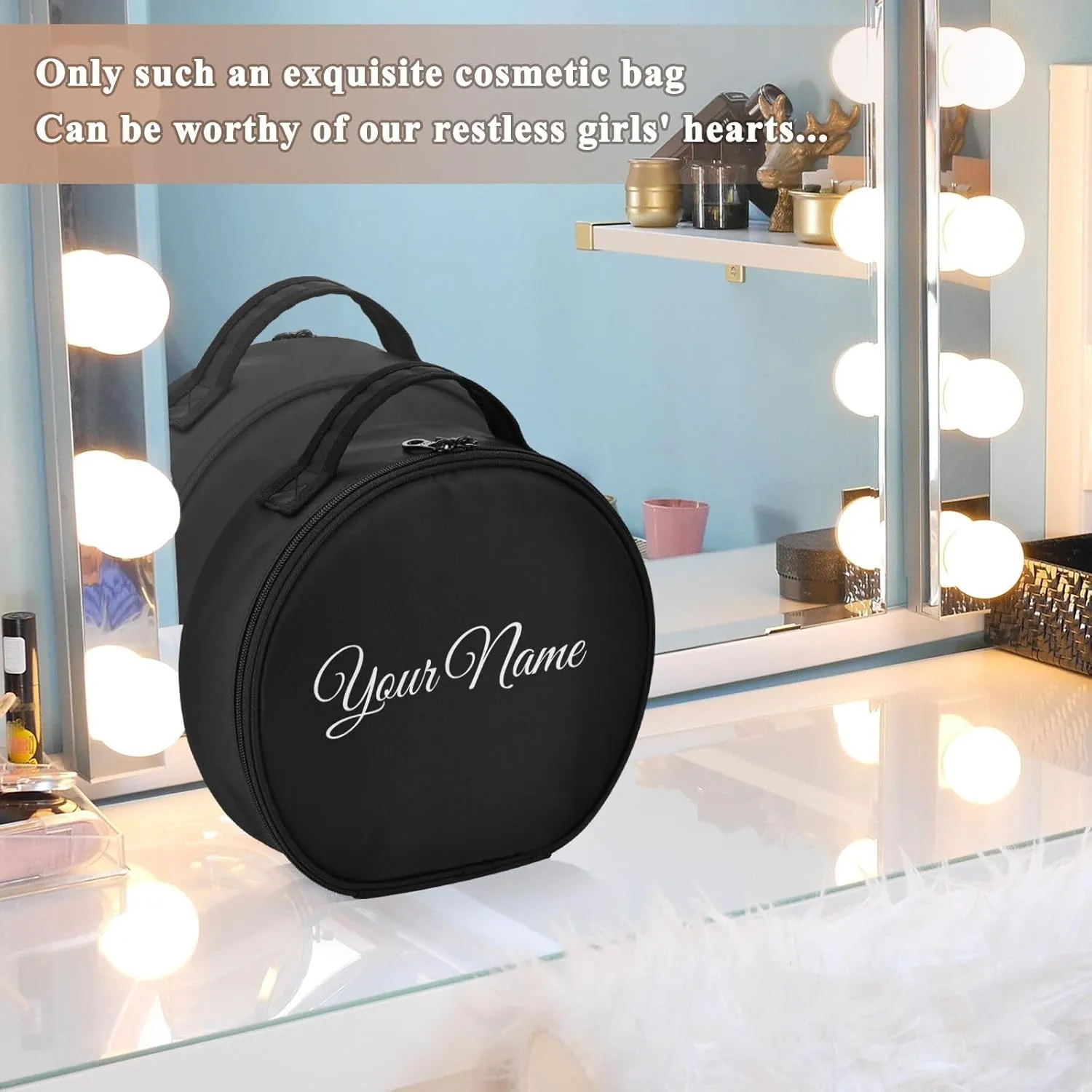 Personalized Makeup Organizer Bag Black Solid Travel Round Cosmetic Bag Portable Storage Case for Women