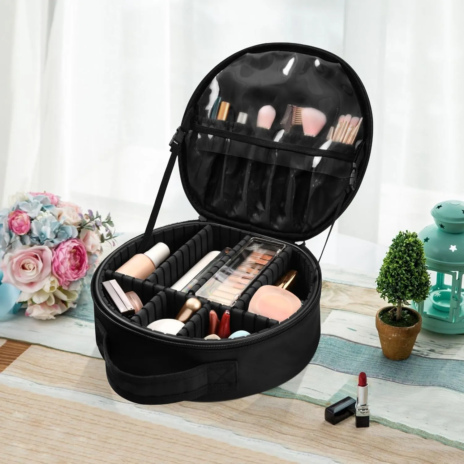 Personalized Makeup Organizer Bag Black Solid Travel Round Cosmetic Bag Portable Storage Case for Women