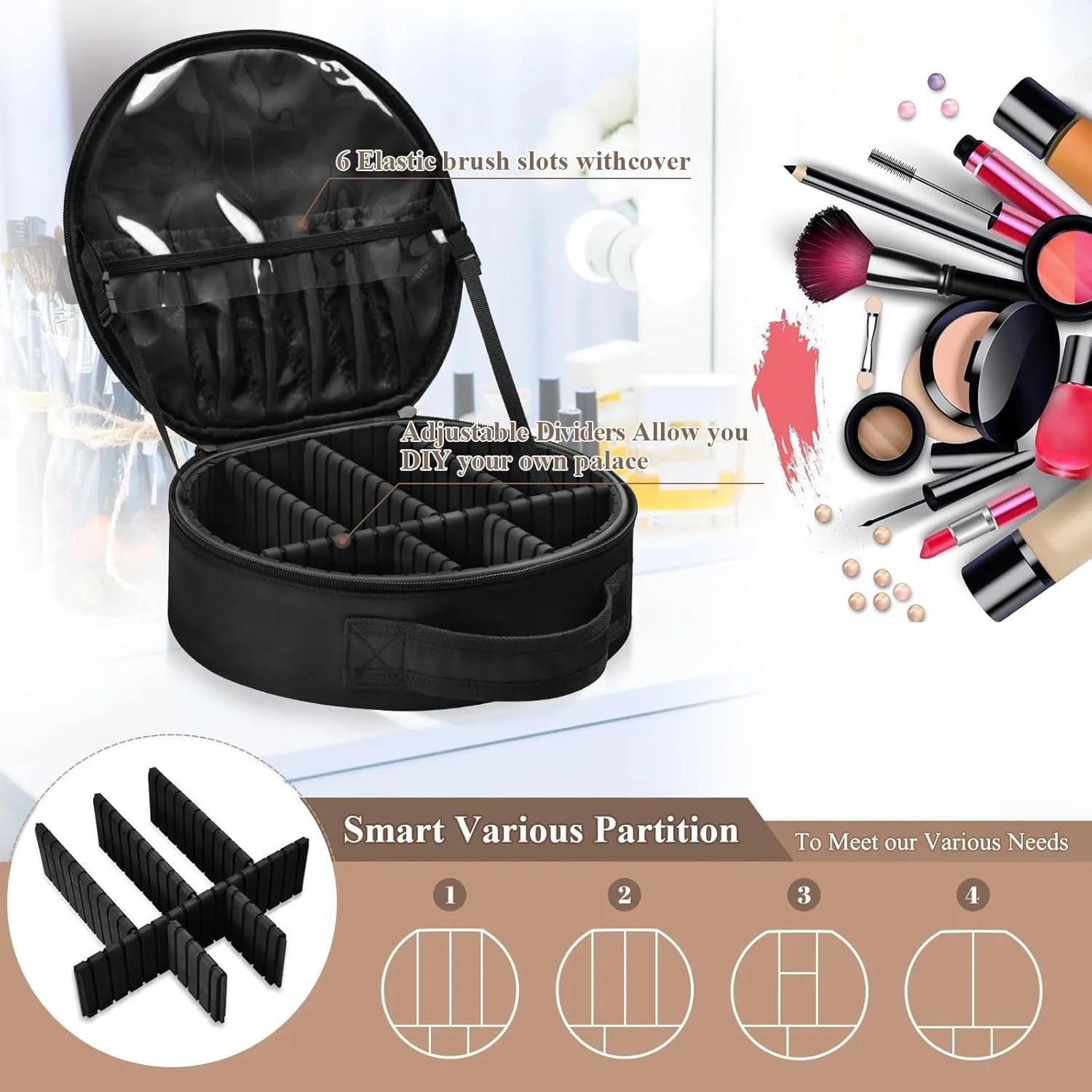 Personalized Makeup Organizer Bag Black Solid Travel Round Cosmetic Bag Portable Storage Case for Women