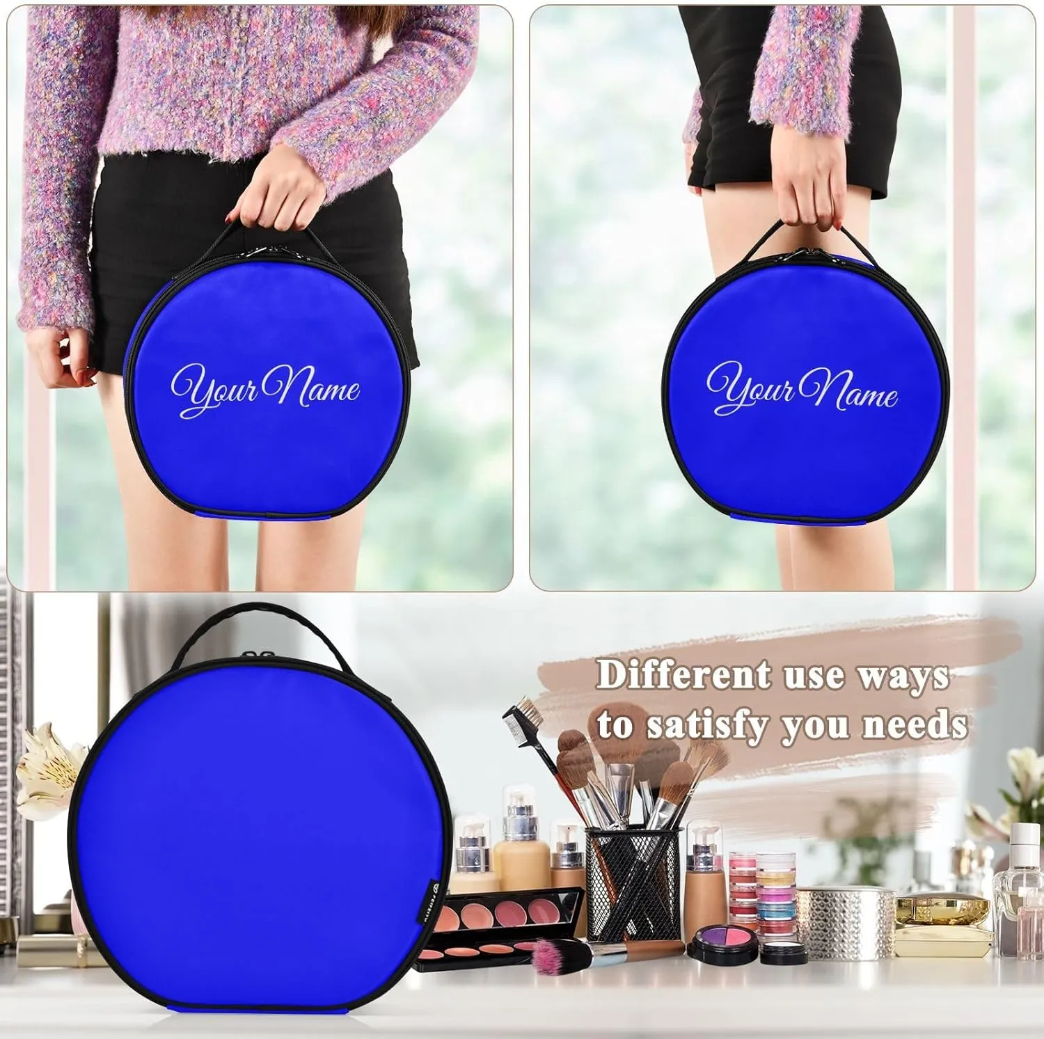 Personalized Makeup Organizer Bag Blue Solid Travel Round Cosmetic Bag Portable Storage Case for Women