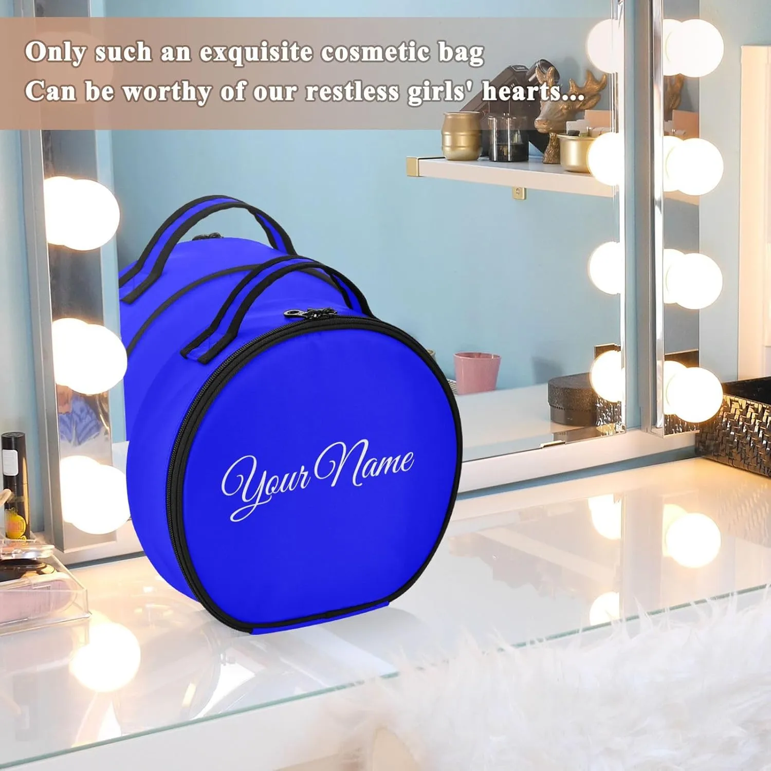 Personalized Makeup Organizer Bag Blue Solid Travel Round Cosmetic Bag Portable Storage Case for Women
