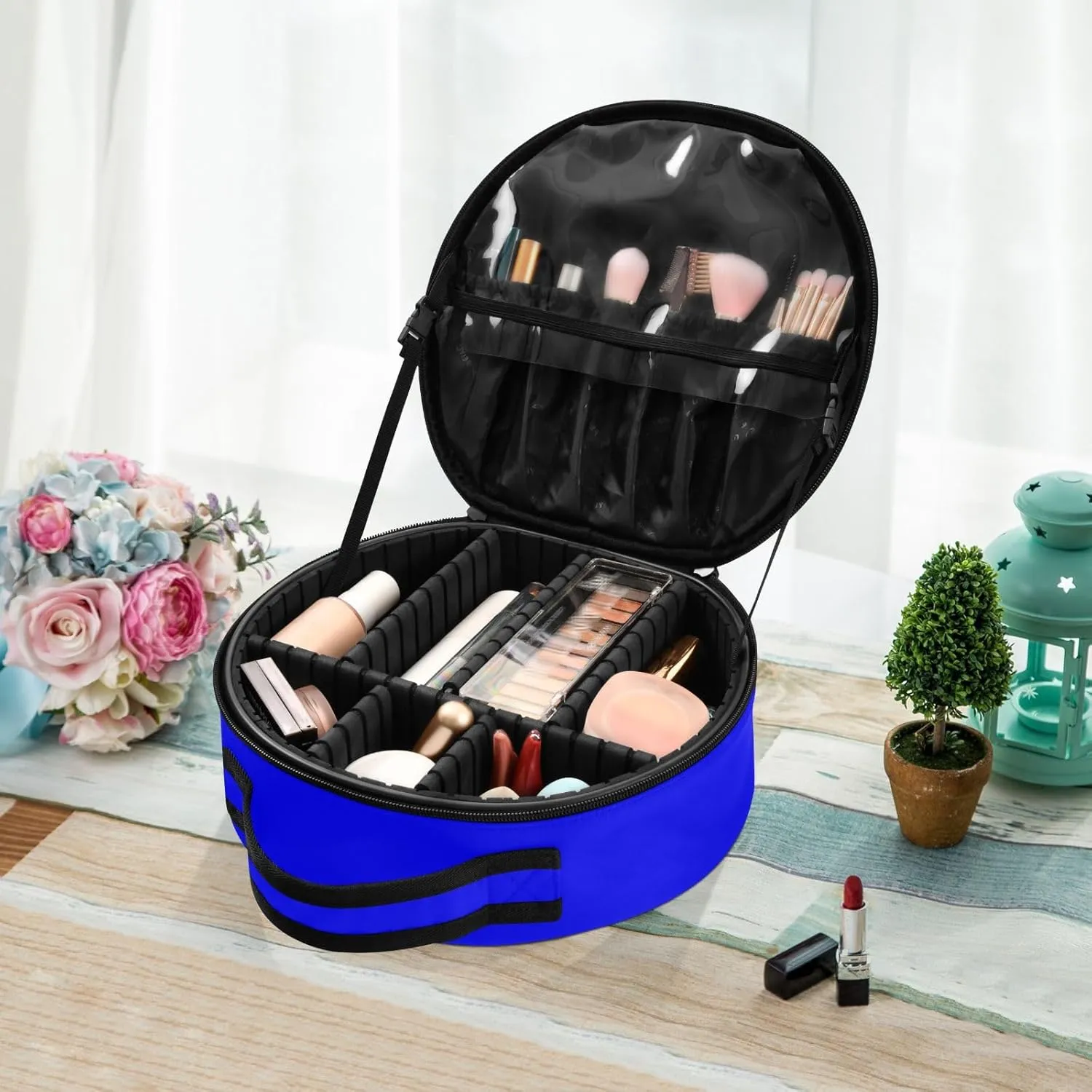 Personalized Makeup Organizer Bag Blue Solid Travel Round Cosmetic Bag Portable Storage Case for Women