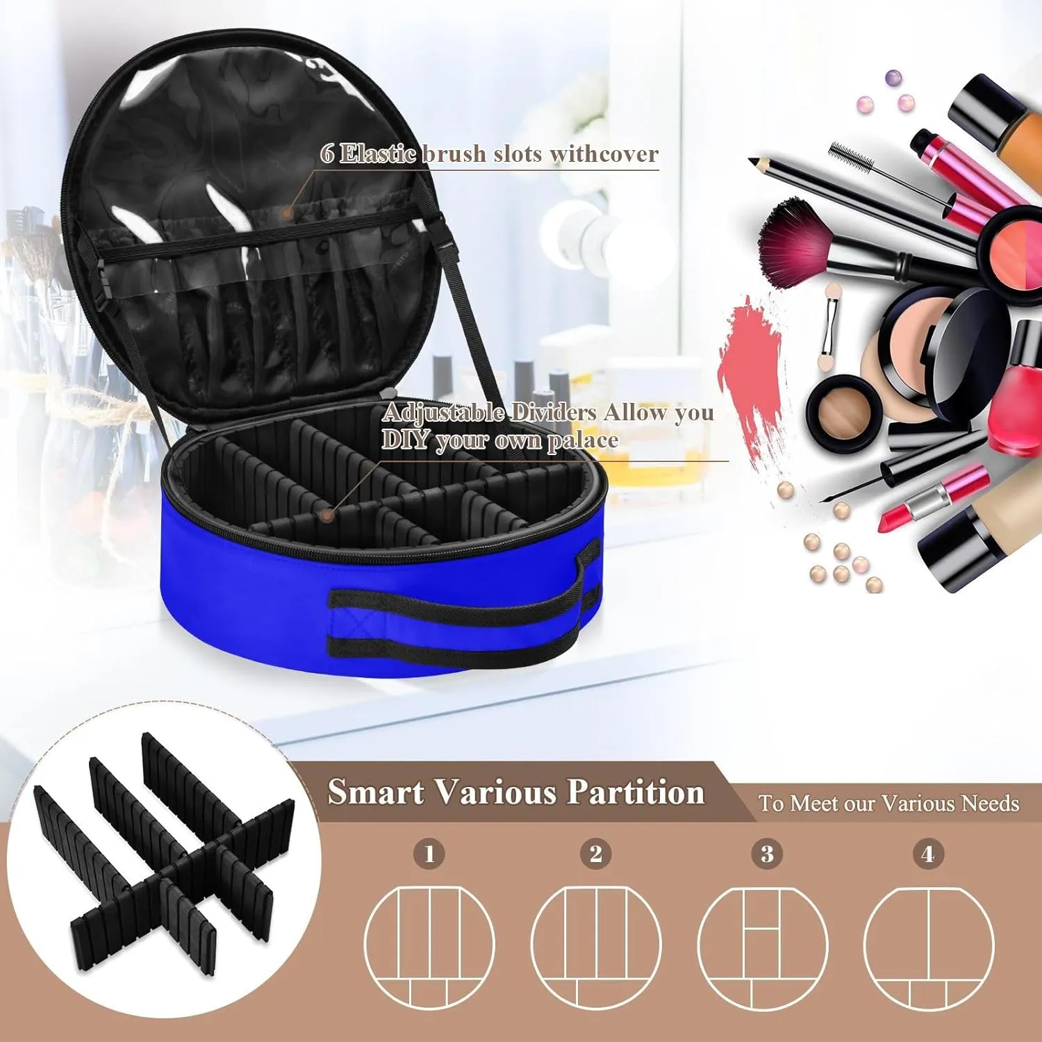 Personalized Makeup Organizer Bag Blue Solid Travel Round Cosmetic Bag Portable Storage Case for Women