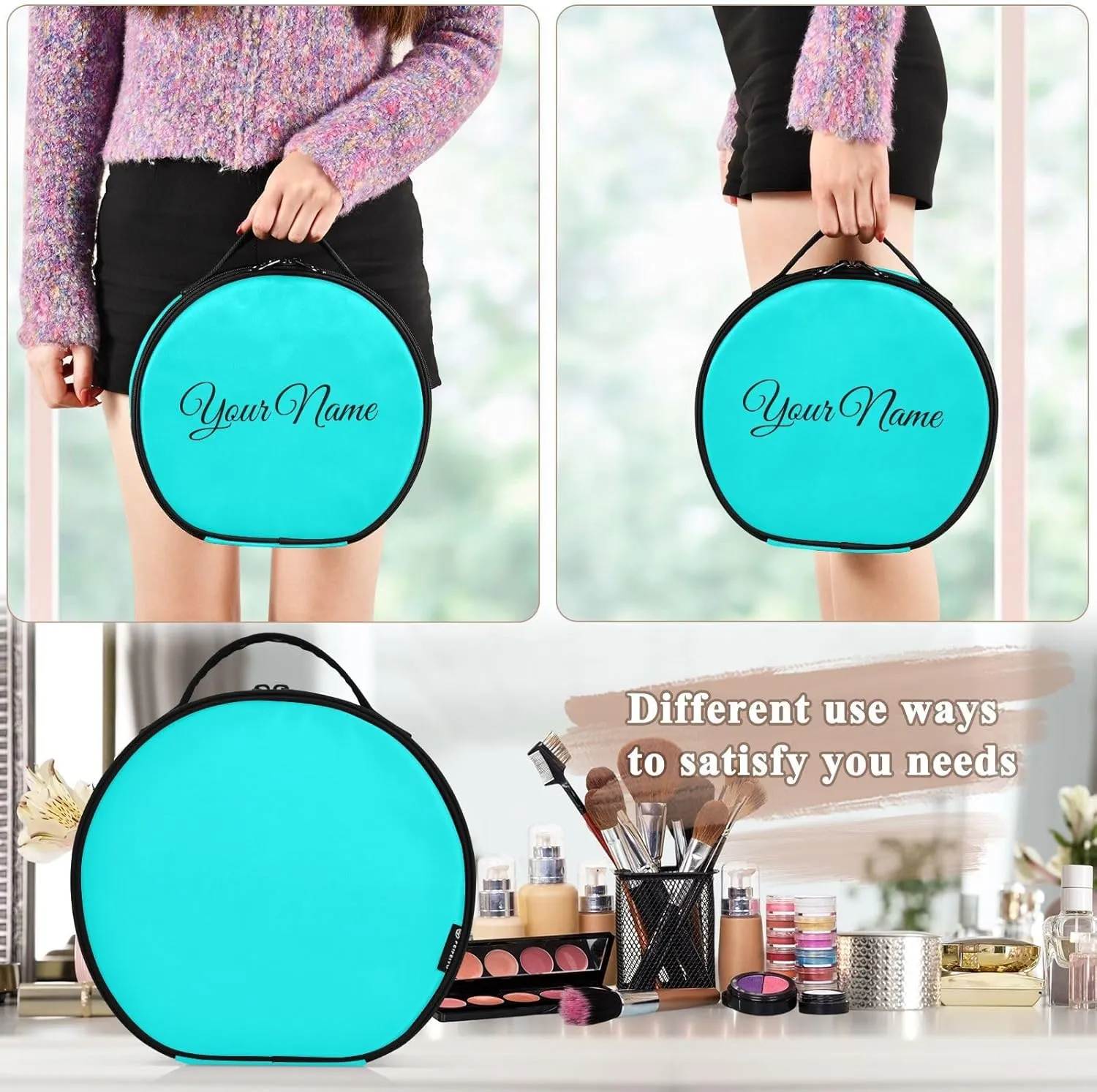 Personalized Makeup Organizer Bag Cyan Green Solid Travel Round Cosmetic Bag Portable Storage Case for Women