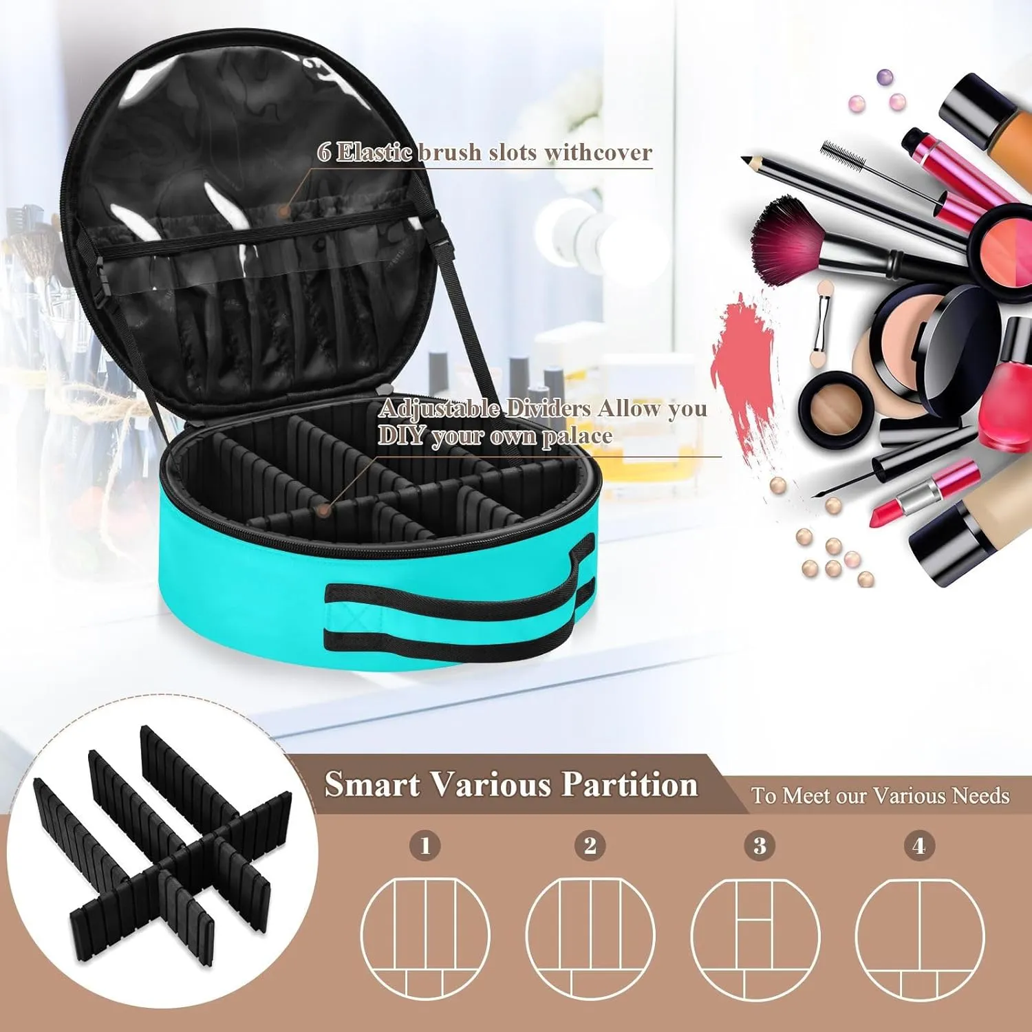 Personalized Makeup Organizer Bag Cyan Green Solid Travel Round Cosmetic Bag Portable Storage Case for Women