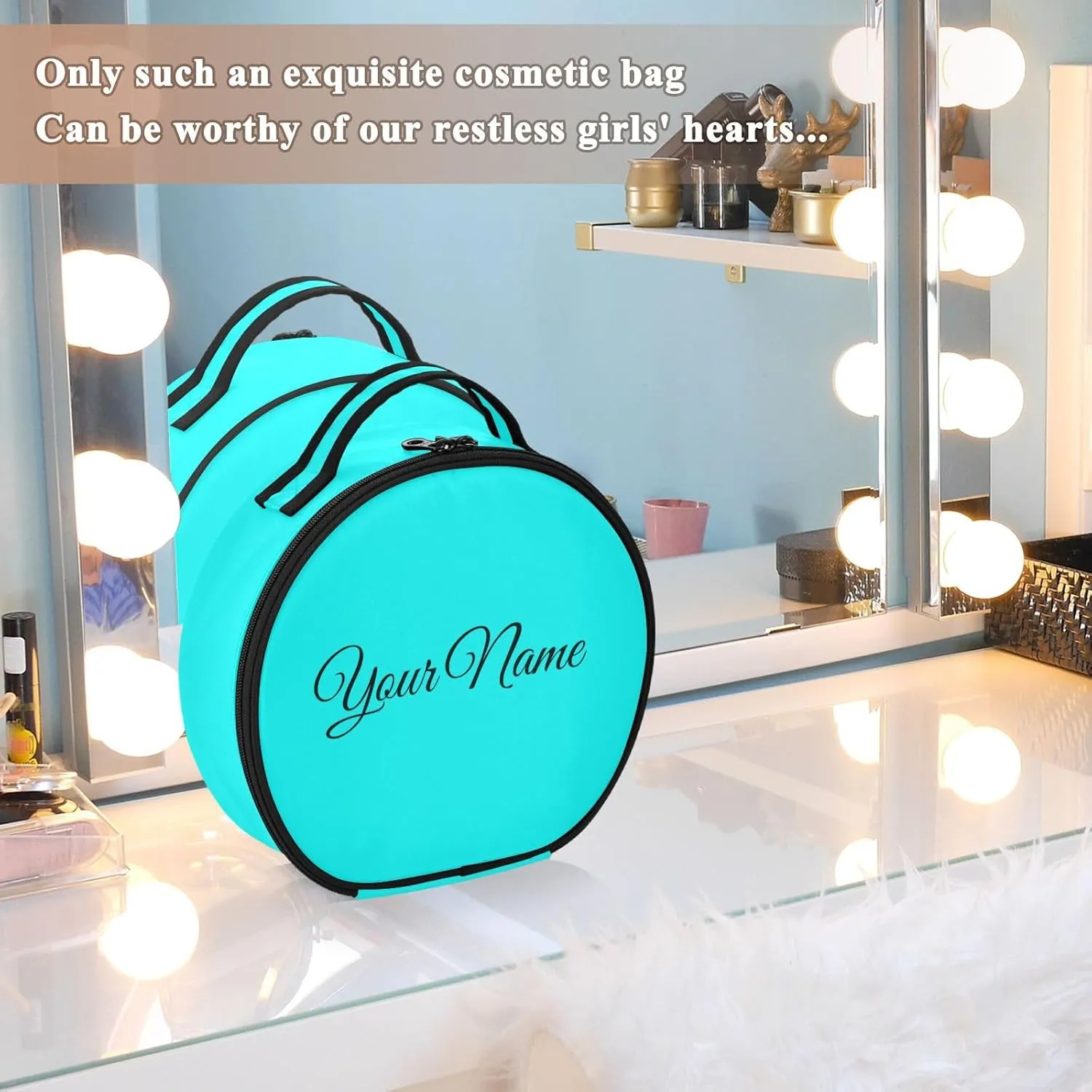 Personalized Makeup Organizer Bag Cyan Green Solid Travel Round Cosmetic Bag Portable Storage Case for Women