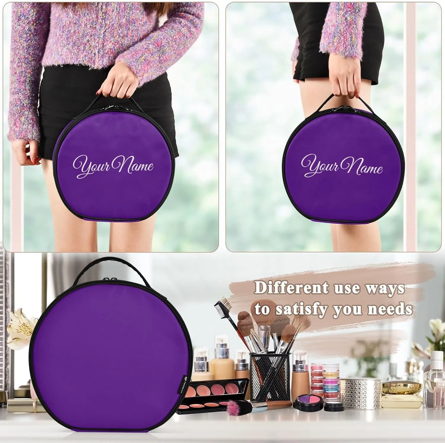 Personalized Makeup Organizer Bag Indigo Purple Blue Solid Travel Round Cosmetic Bag Portable Storage Case for Women