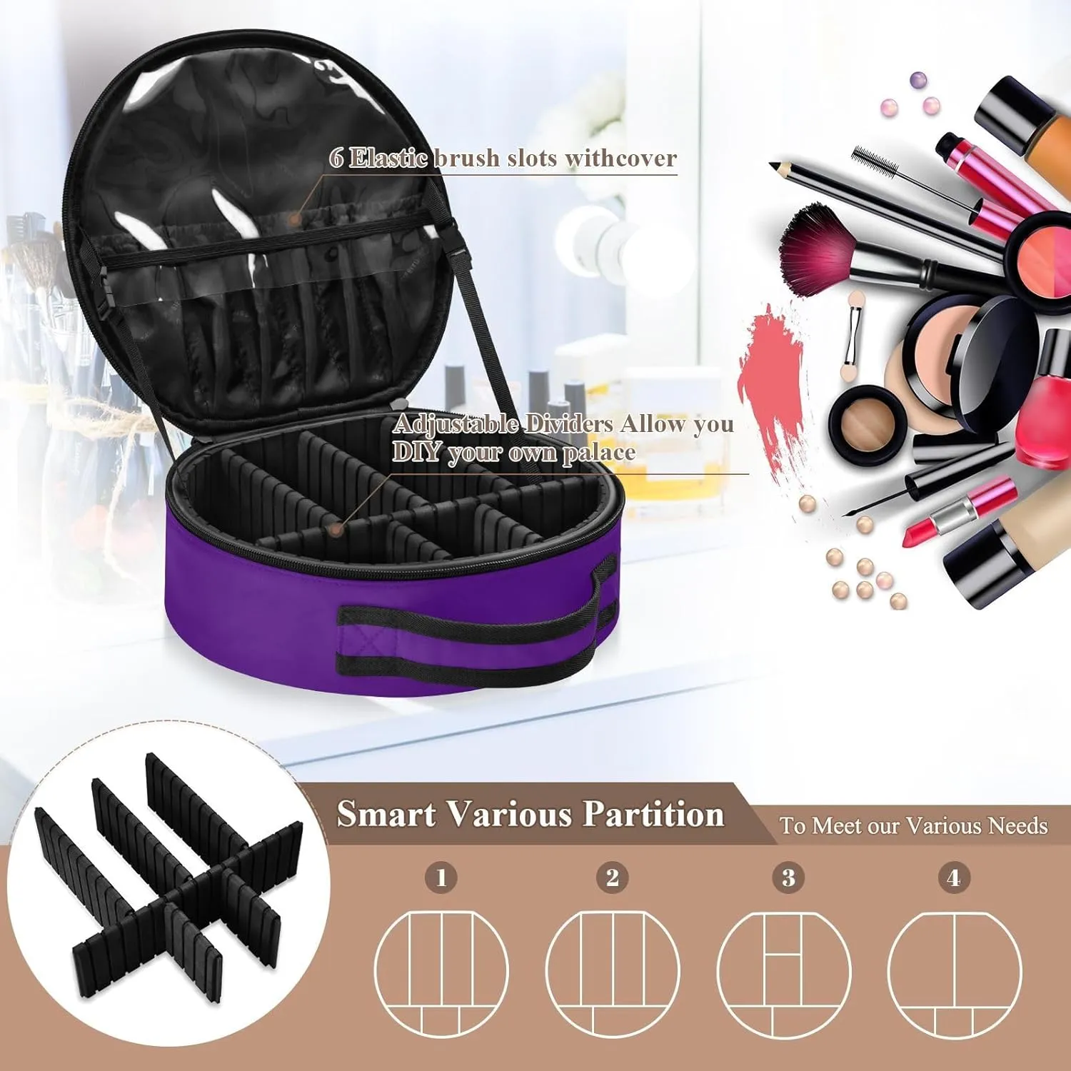 Personalized Makeup Organizer Bag Indigo Purple Blue Solid Travel Round Cosmetic Bag Portable Storage Case for Women