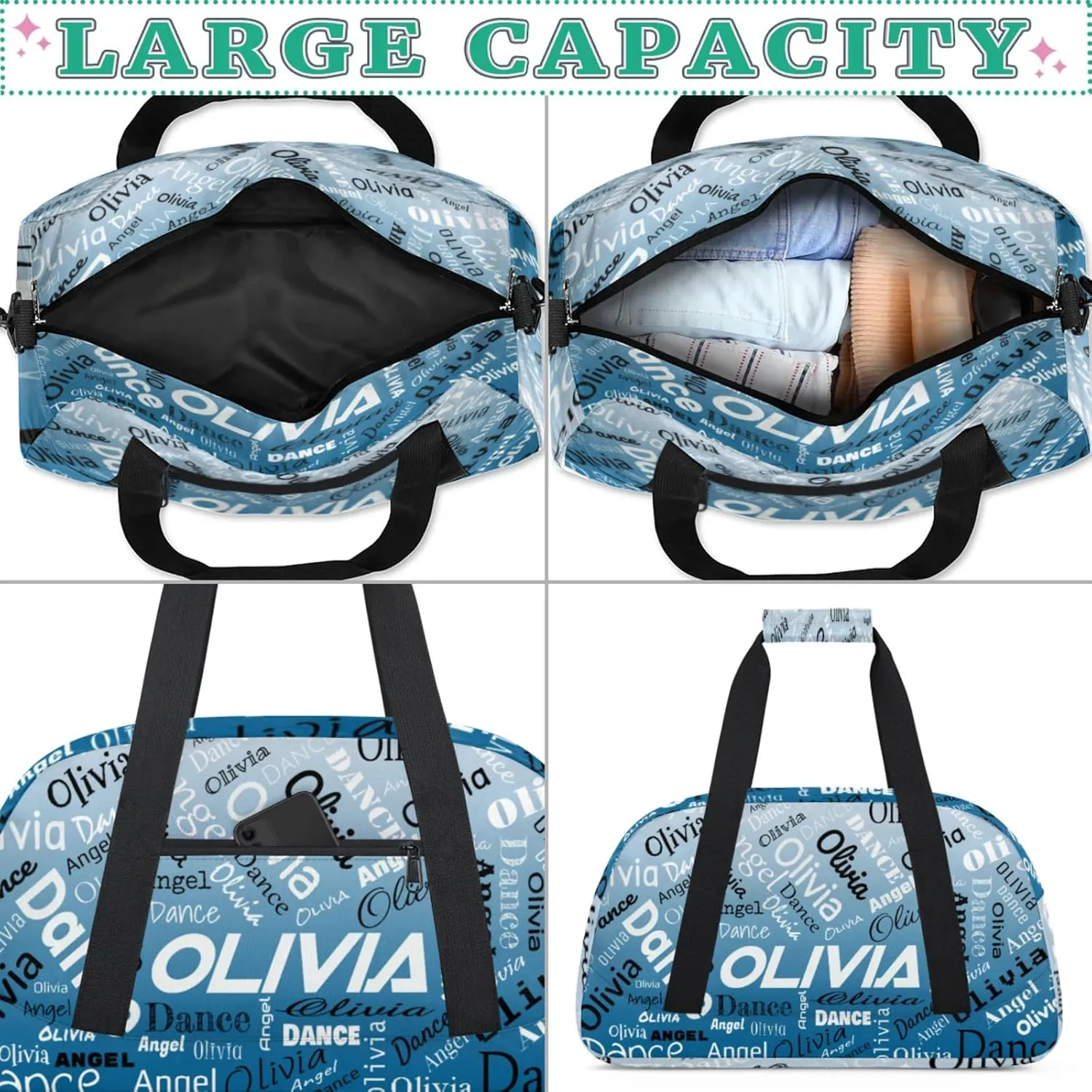 Personalized Name Sports Gym Duffel Bag, Custom Dance Bag Overnight Weekender Duffel Bags for Travel, Blue Gradient