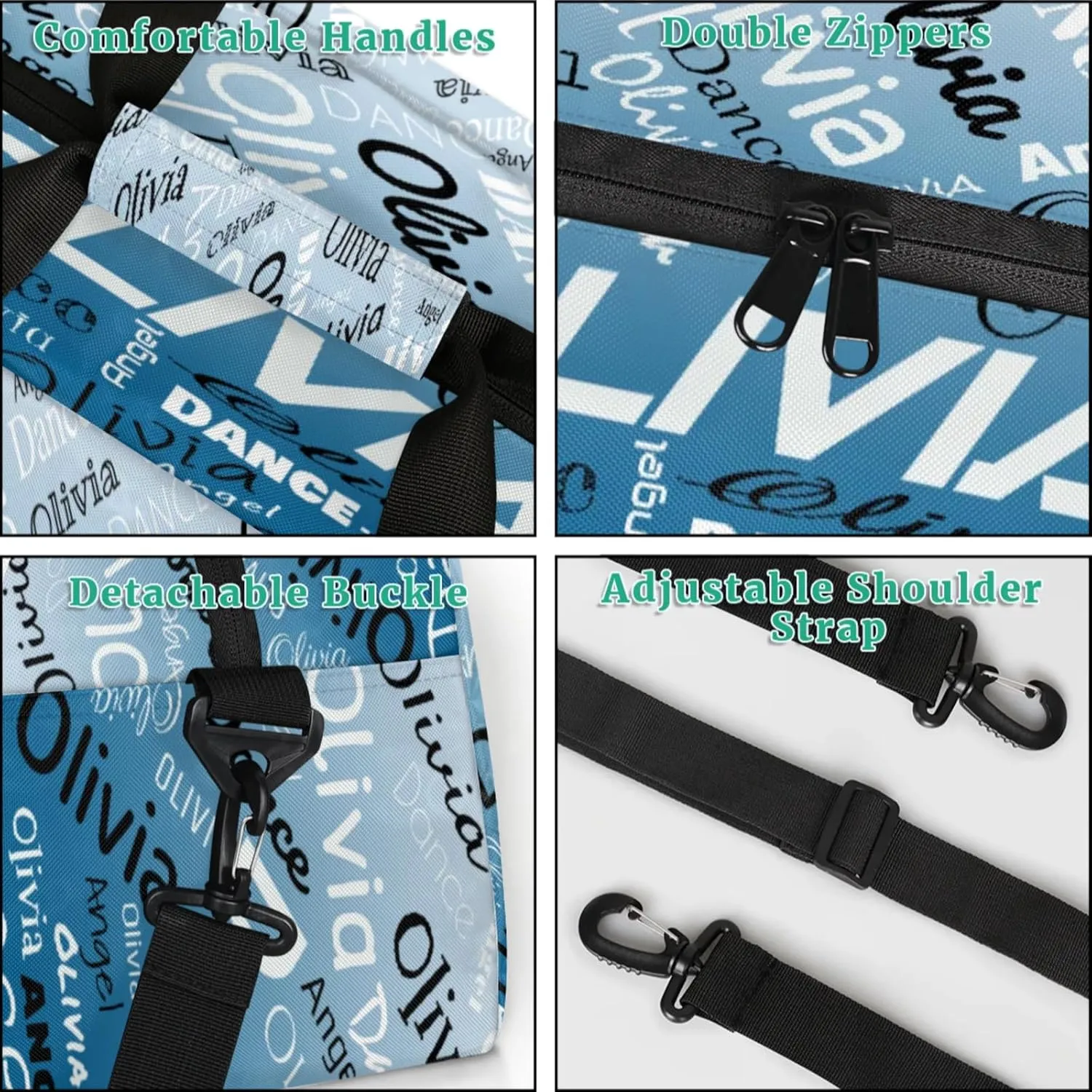 Personalized Name Sports Gym Duffel Bag, Custom Dance Bag Overnight Weekender Duffel Bags for Travel, Blue Gradient