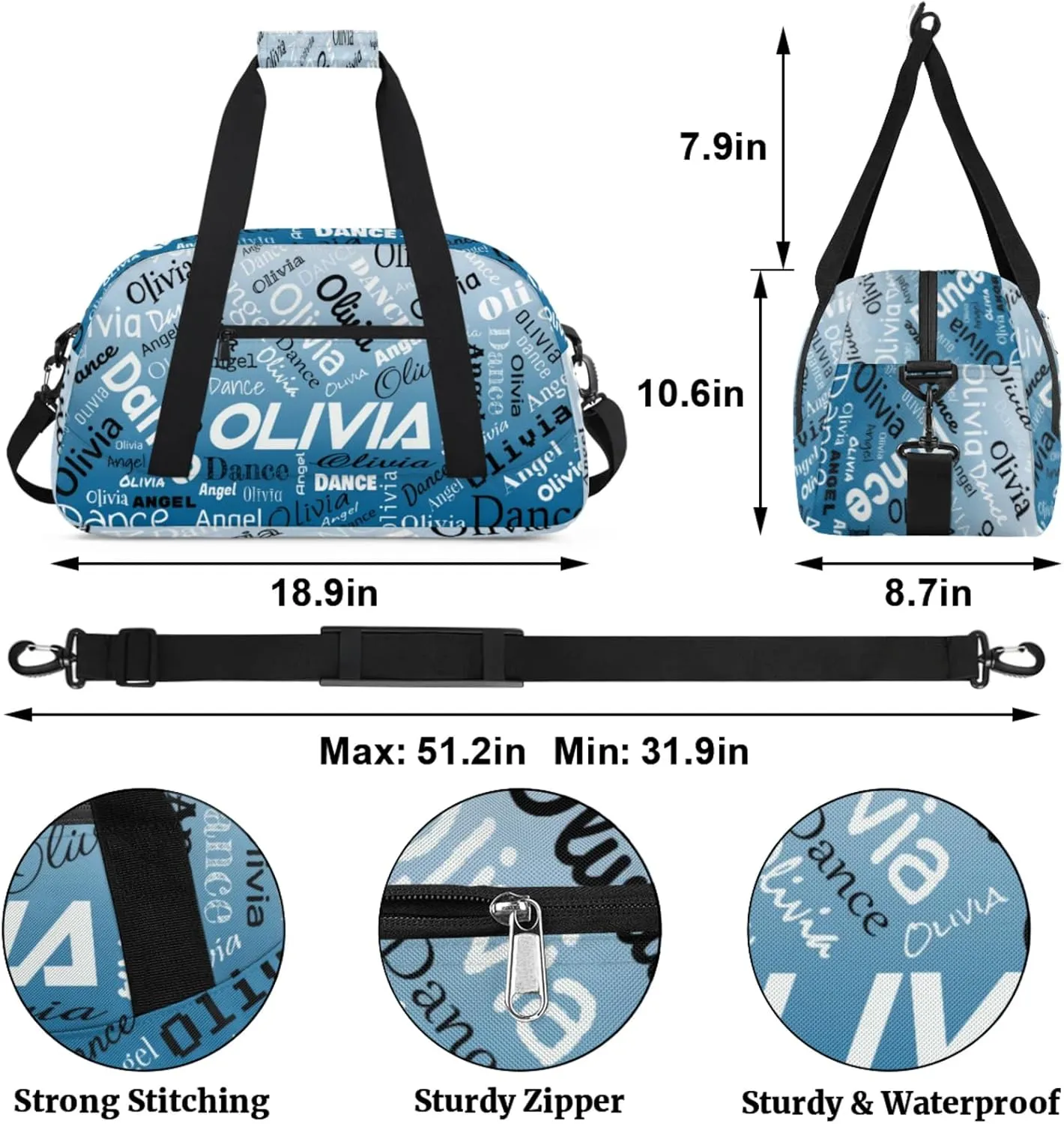 Personalized Name Sports Gym Duffel Bag, Custom Dance Bag Overnight Weekender Duffel Bags for Travel, Blue Gradient