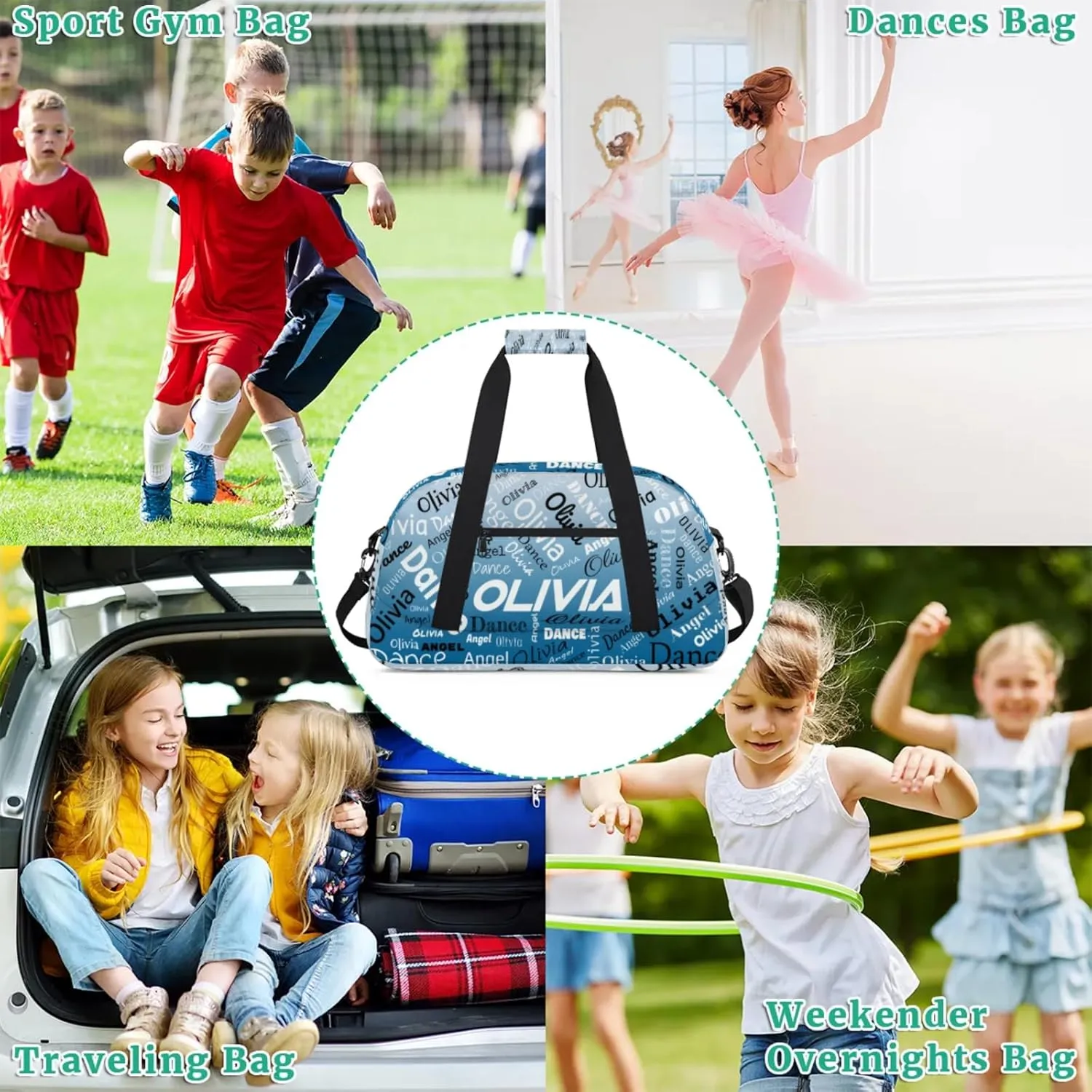 Personalized Name Sports Gym Duffel Bag, Custom Dance Bag Overnight Weekender Duffel Bags for Travel, Blue Gradient