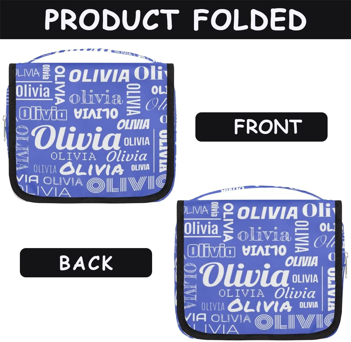 Personalized Name Travel Makeup Bag with Hanging Hook Custom Toiletry Bag Travel Cosmetics Case Waterproof for Women Men Accessories, White Blue