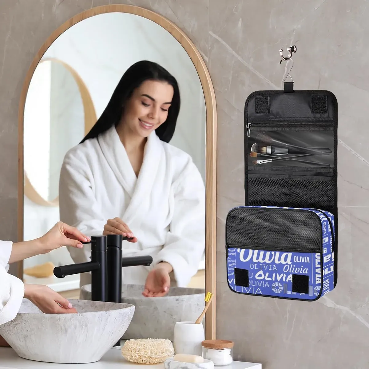 Personalized Name Travel Makeup Bag with Hanging Hook Custom Toiletry Bag Travel Cosmetics Case Waterproof for Women Men Accessories, White Blue