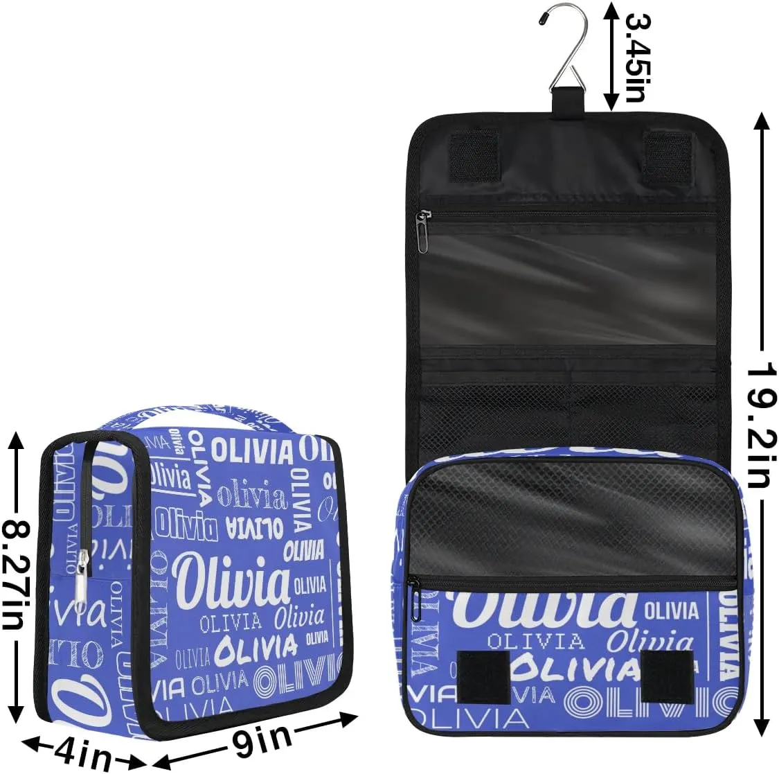 Personalized Name Travel Makeup Bag with Hanging Hook Custom Toiletry Bag Travel Cosmetics Case Waterproof for Women Men Accessories, White Blue