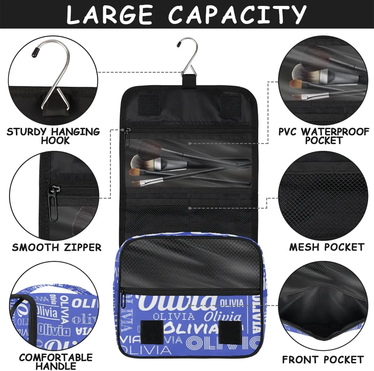 Personalized Name Travel Makeup Bag with Hanging Hook Custom Toiletry Bag Travel Cosmetics Case Waterproof for Women Men Accessories, White Blue