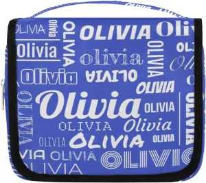 Personalized Name Travel Makeup Bag with Hanging Hook Custom Toiletry Bag Travel Cosmetics Case Waterproof for Women Men Accessories, White Blue