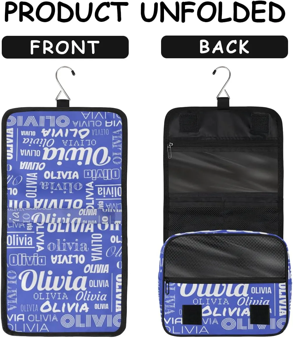 Personalized Name Travel Makeup Bag with Hanging Hook Custom Toiletry Bag Travel Cosmetics Case Waterproof for Women Men Accessories, White Blue