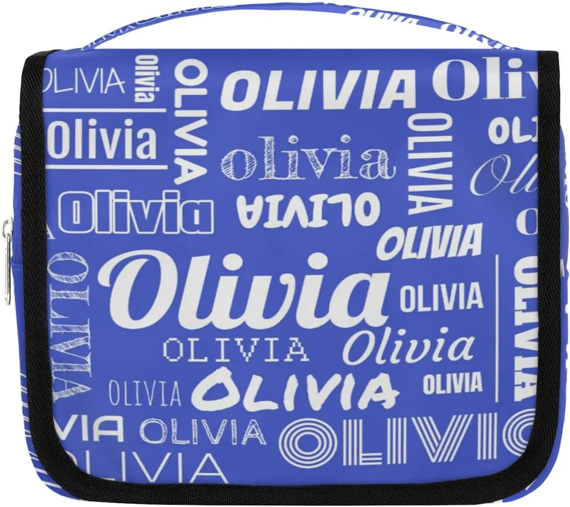 Personalized Name Travel Makeup Bag with Hanging Hook Custom Toiletry Bag Travel Cosmetics Case Waterproof for Women Men Accessories, White Blue