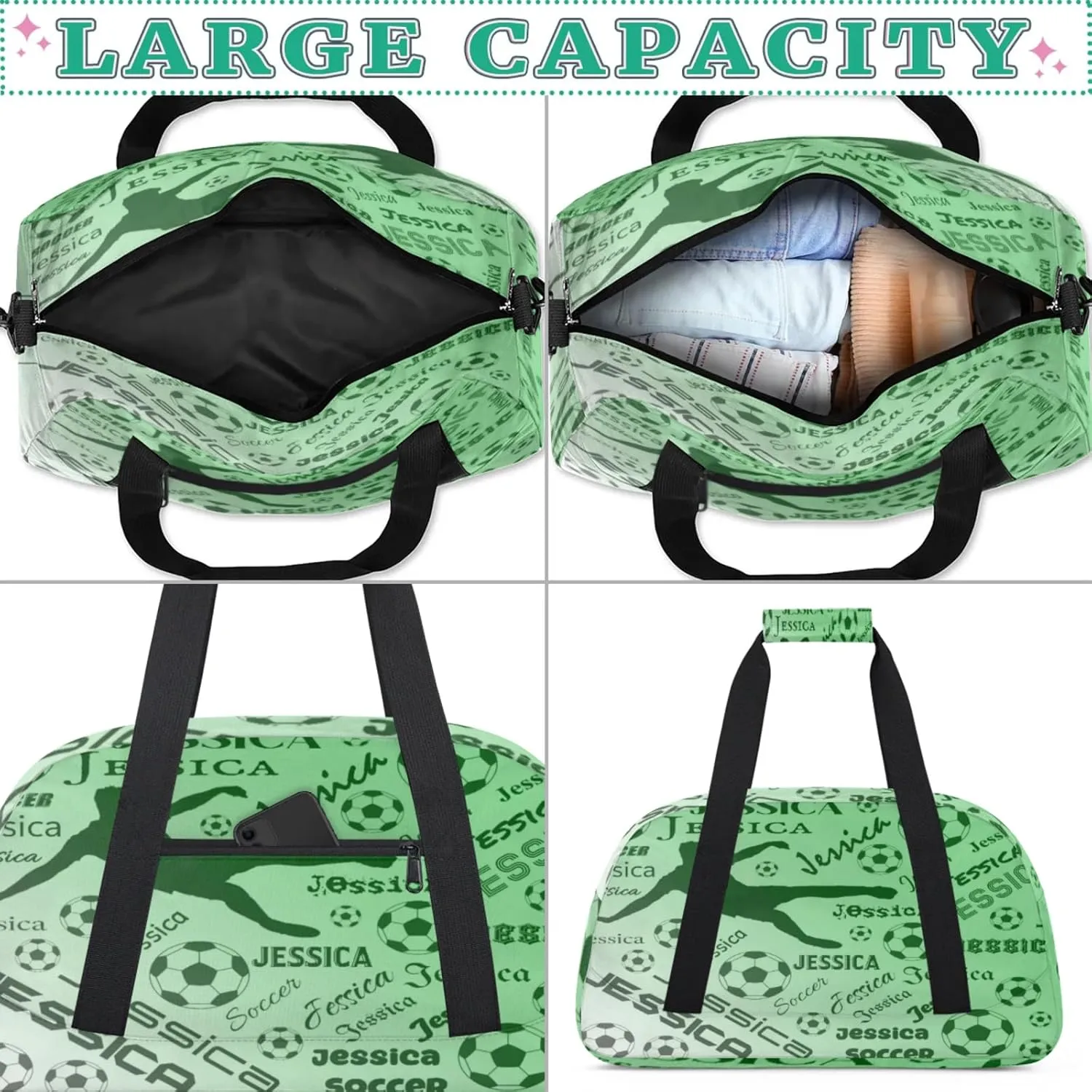 Personalized Soccer Sports Duffel Bag for Women, Custom Travel Gym Bags Birthday Gifts with Your Name, Cheer Dance Overnight Weekender Bag Grass Green Gradient