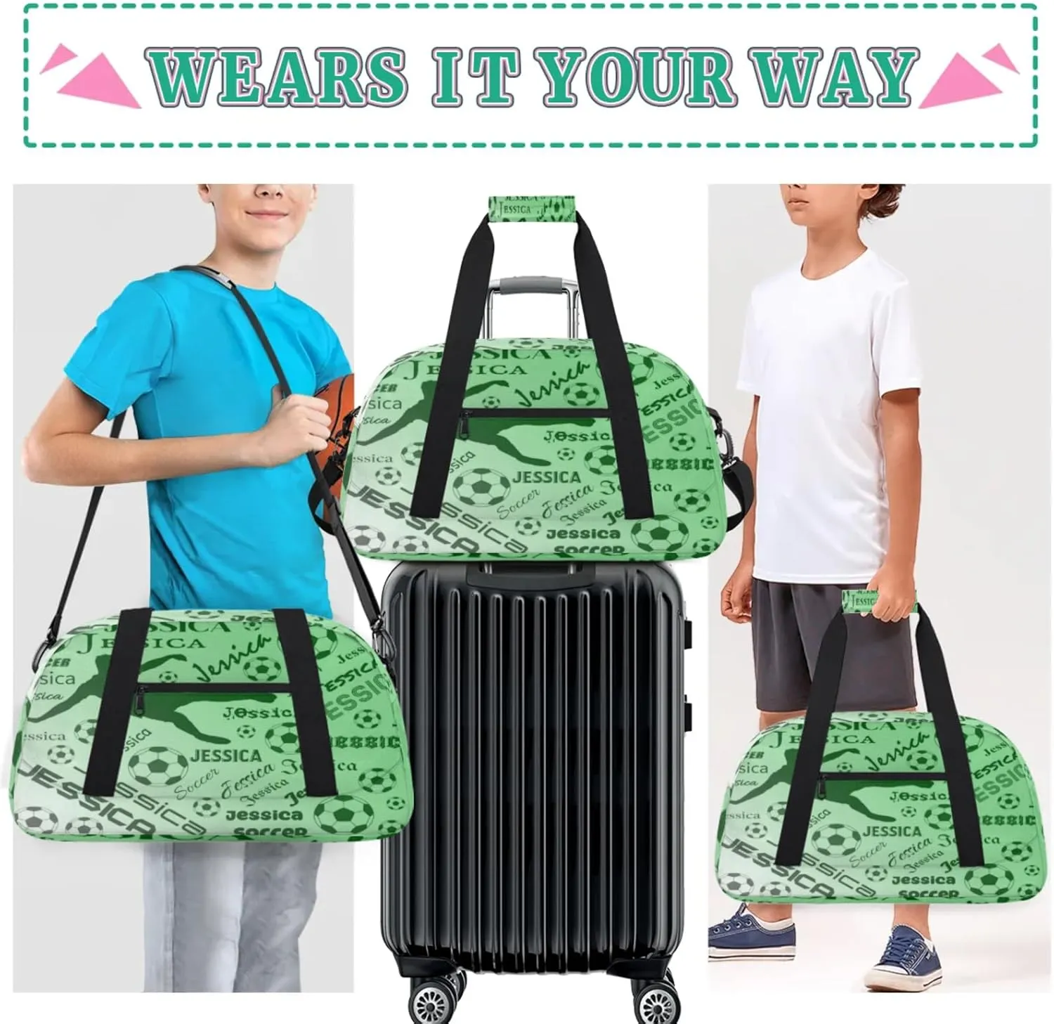 Personalized Soccer Sports Duffel Bag for Women, Custom Travel Gym Bags Birthday Gifts with Your Name, Cheer Dance Overnight Weekender Bag Grass Green Gradient