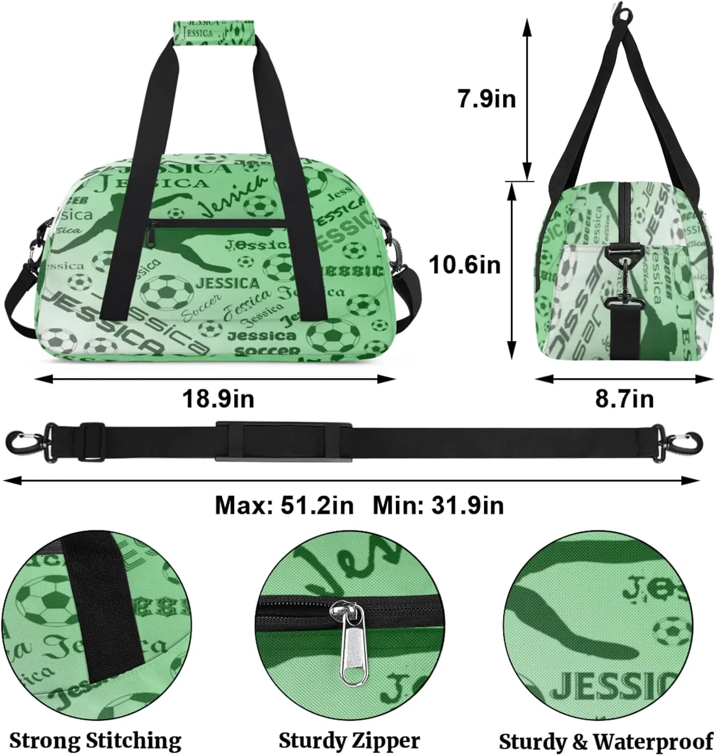Personalized Soccer Sports Duffel Bag for Women, Custom Travel Gym Bags Birthday Gifts with Your Name, Cheer Dance Overnight Weekender Bag Grass Green Gradient