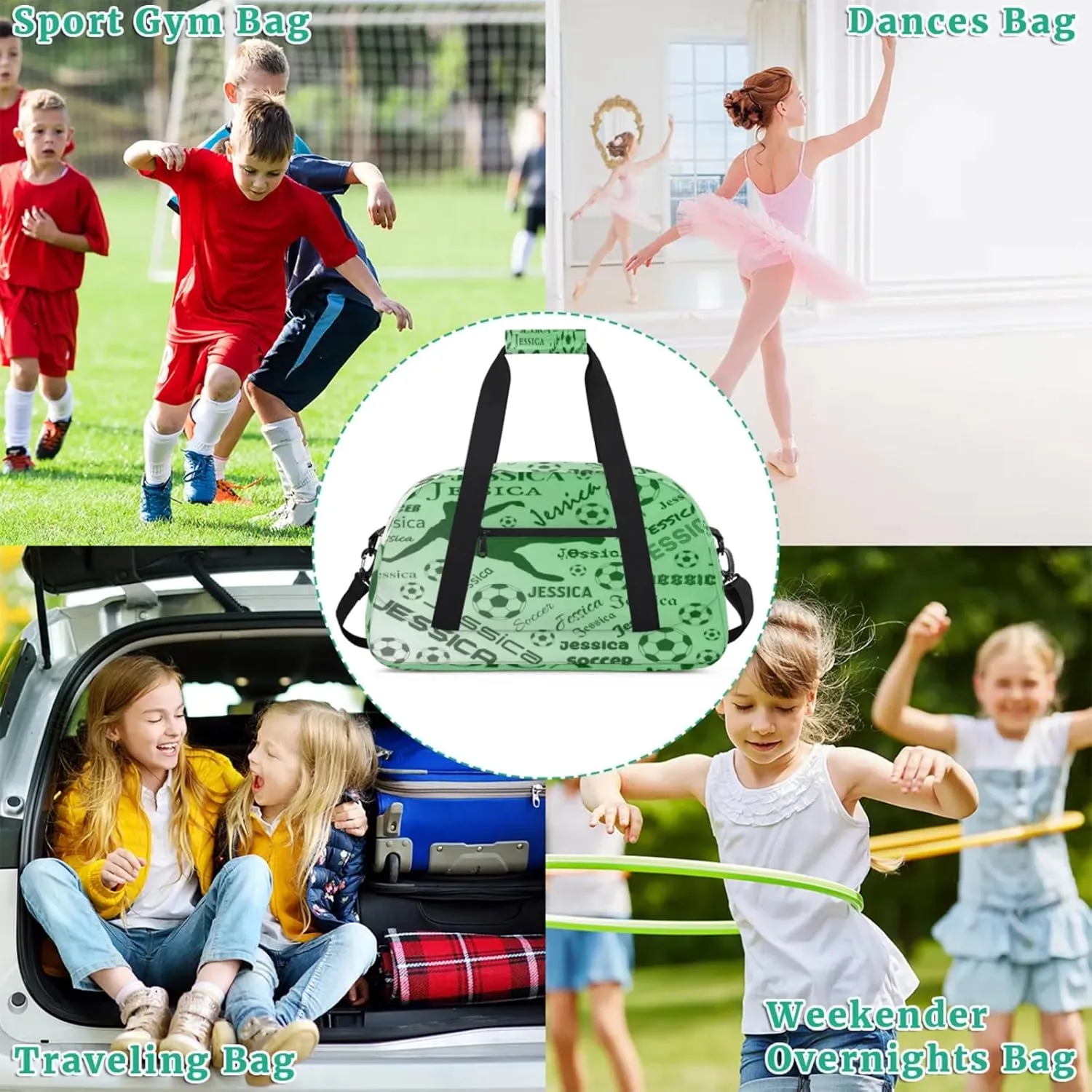 Personalized Soccer Sports Duffel Bag for Women, Custom Travel Gym Bags Birthday Gifts with Your Name, Cheer Dance Overnight Weekender Bag Grass Green Gradient