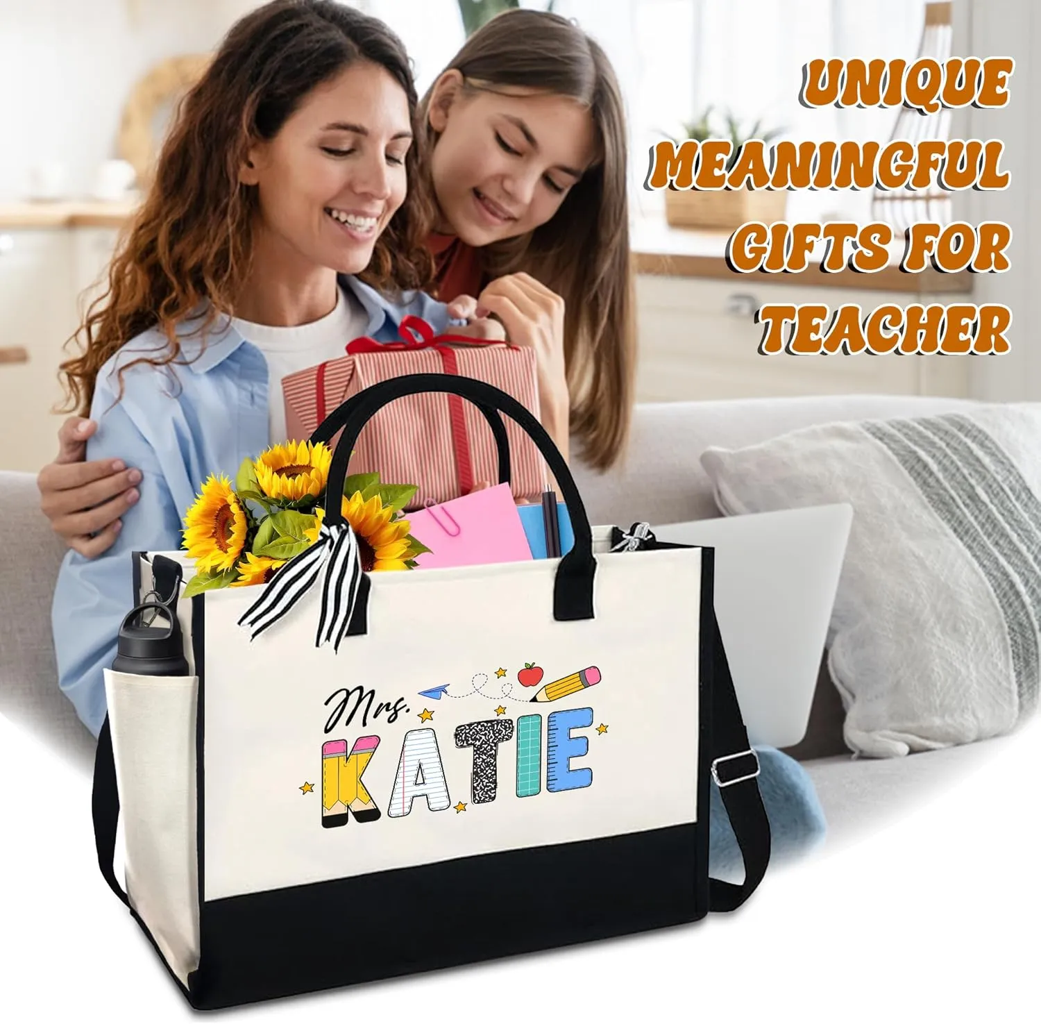 Personalized Teacher Appreciation Canvas Tote Bag with Name - Teacher Gifts