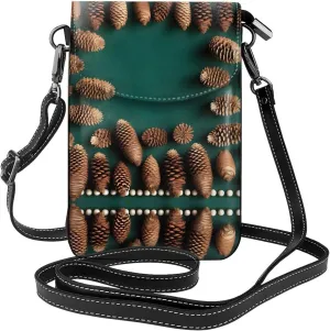 Pine Cone Border Prints Leather Crossbody Flap Phone Bag - Versatile Gift for Women Walking, Camping, Shopping, and Travel