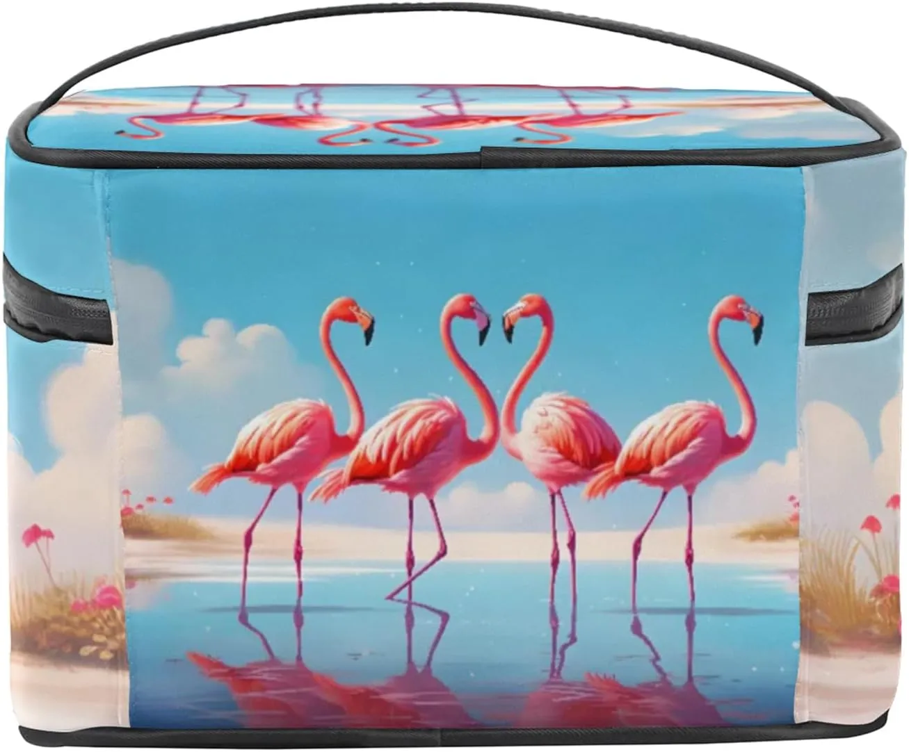 Pink Flamingo Walking Makeup Bag Large Opening Cosmetic Bag Portable Makeup Case Organizer Toiletry Bags for Women Daily Traveling With Handle Grids Smooth Zipper Divider Makeup Pouch