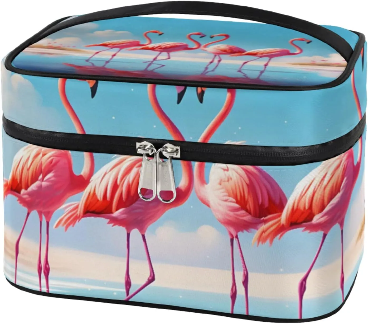 Pink Flamingo Walking Makeup Bag Large Opening Cosmetic Bag Portable Makeup Case Organizer Toiletry Bags for Women Daily Traveling With Handle Grids Smooth Zipper Divider Makeup Pouch