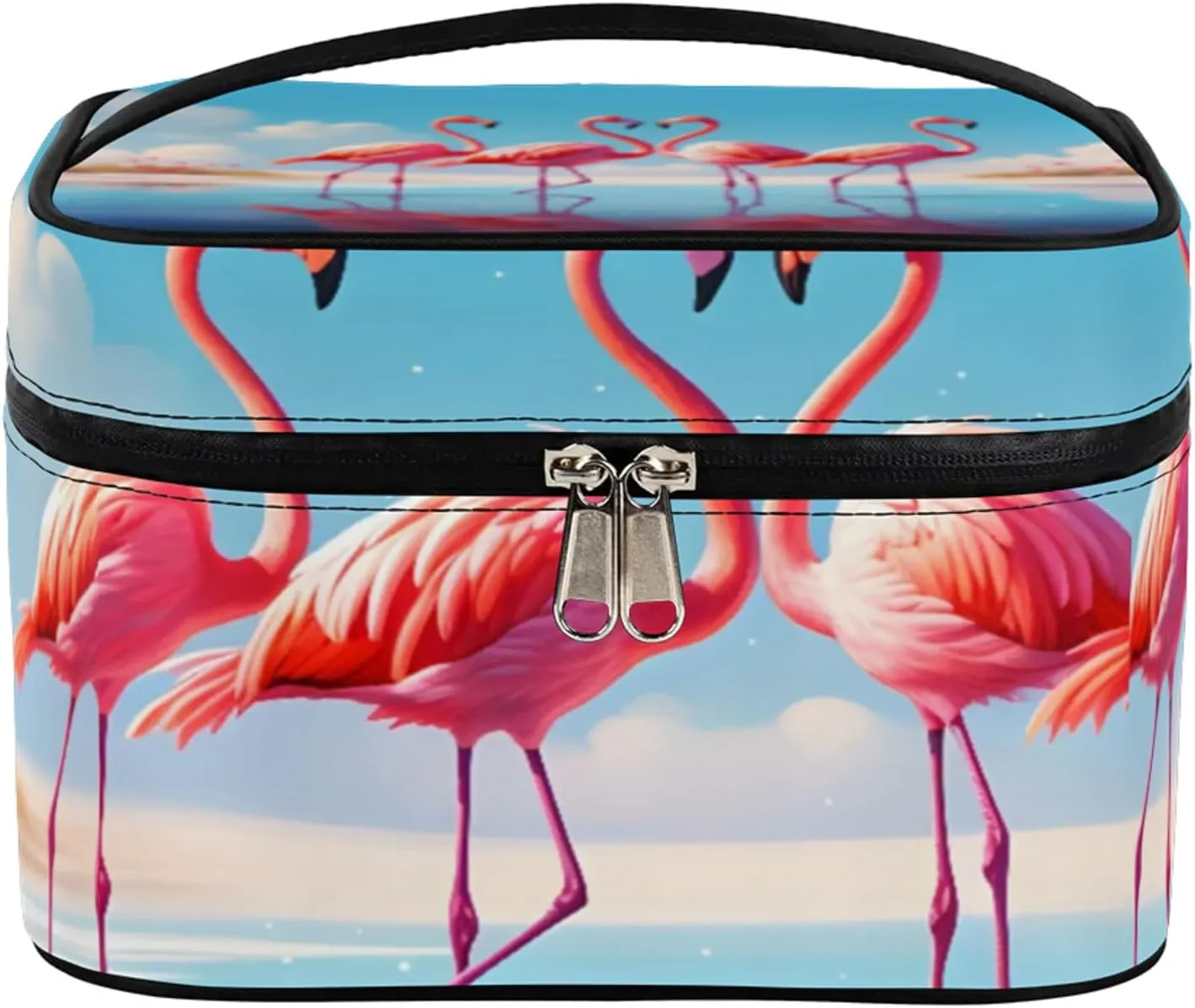 Pink Flamingo Walking Makeup Bag Large Opening Cosmetic Bag Portable Makeup Case Organizer Toiletry Bags for Women Daily Traveling With Handle Grids Smooth Zipper Divider Makeup Pouch