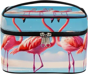 Pink Flamingo Walking Makeup Bag Large Opening Cosmetic Bag Portable Makeup Case Organizer Toiletry Bags for Women Daily Traveling With Handle Grids Smooth Zipper Divider Makeup Pouch