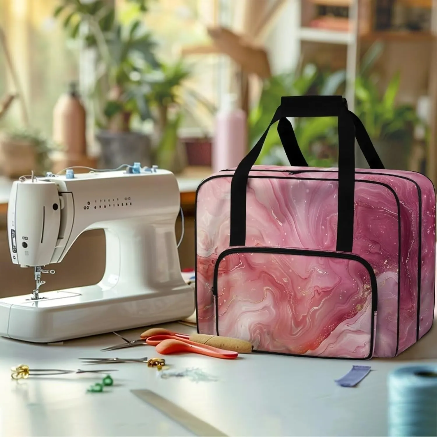 Pink Marble Sewing Machine Carrying Case Sewing Machine Cover Dust Cover for Sewing Accessories Scissors Crochet Hooks Portable Washable Home Decoration Sewing Case