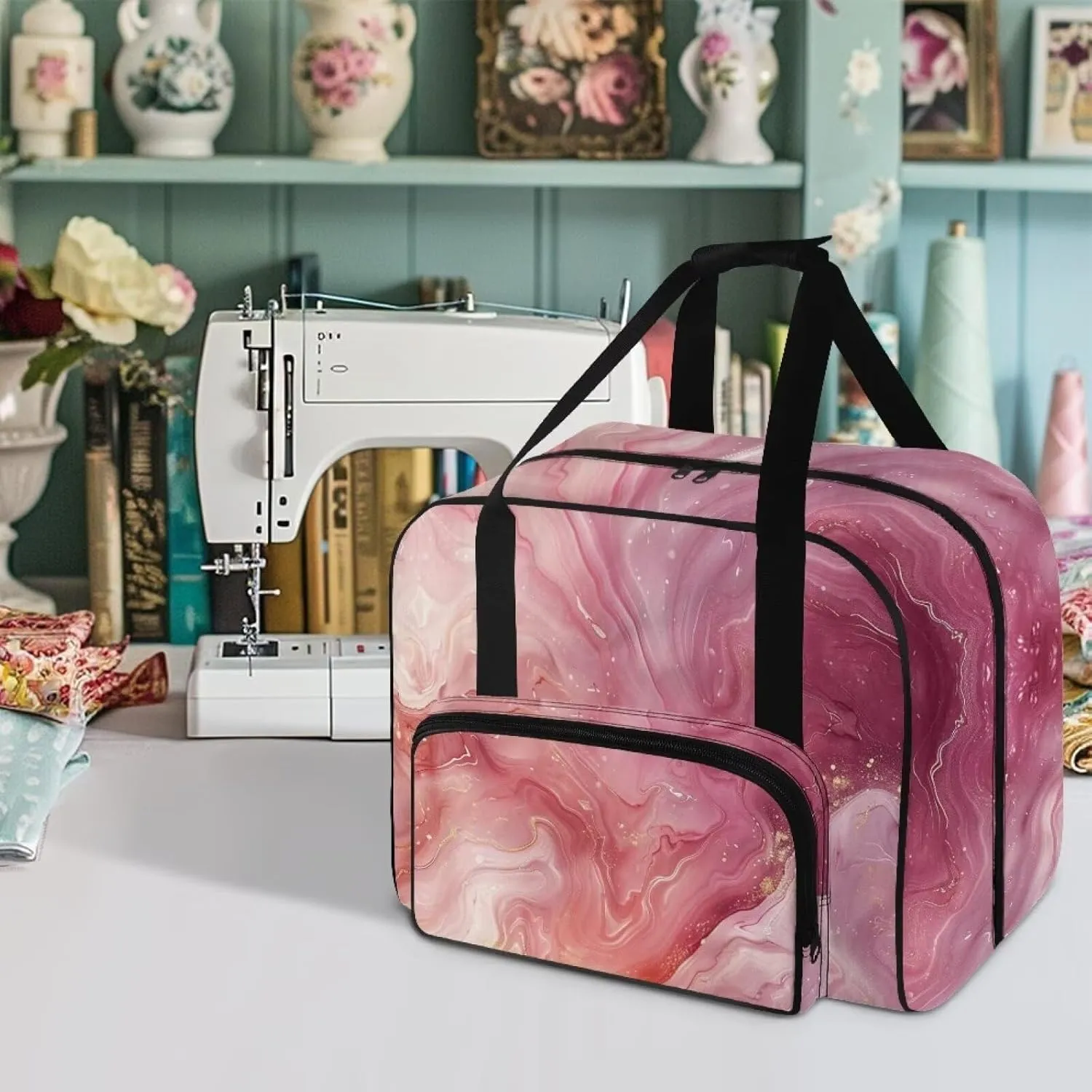 Pink Marble Sewing Machine Carrying Case Sewing Machine Cover Dust Cover for Sewing Accessories Scissors Crochet Hooks Portable Washable Home Decoration Sewing Case