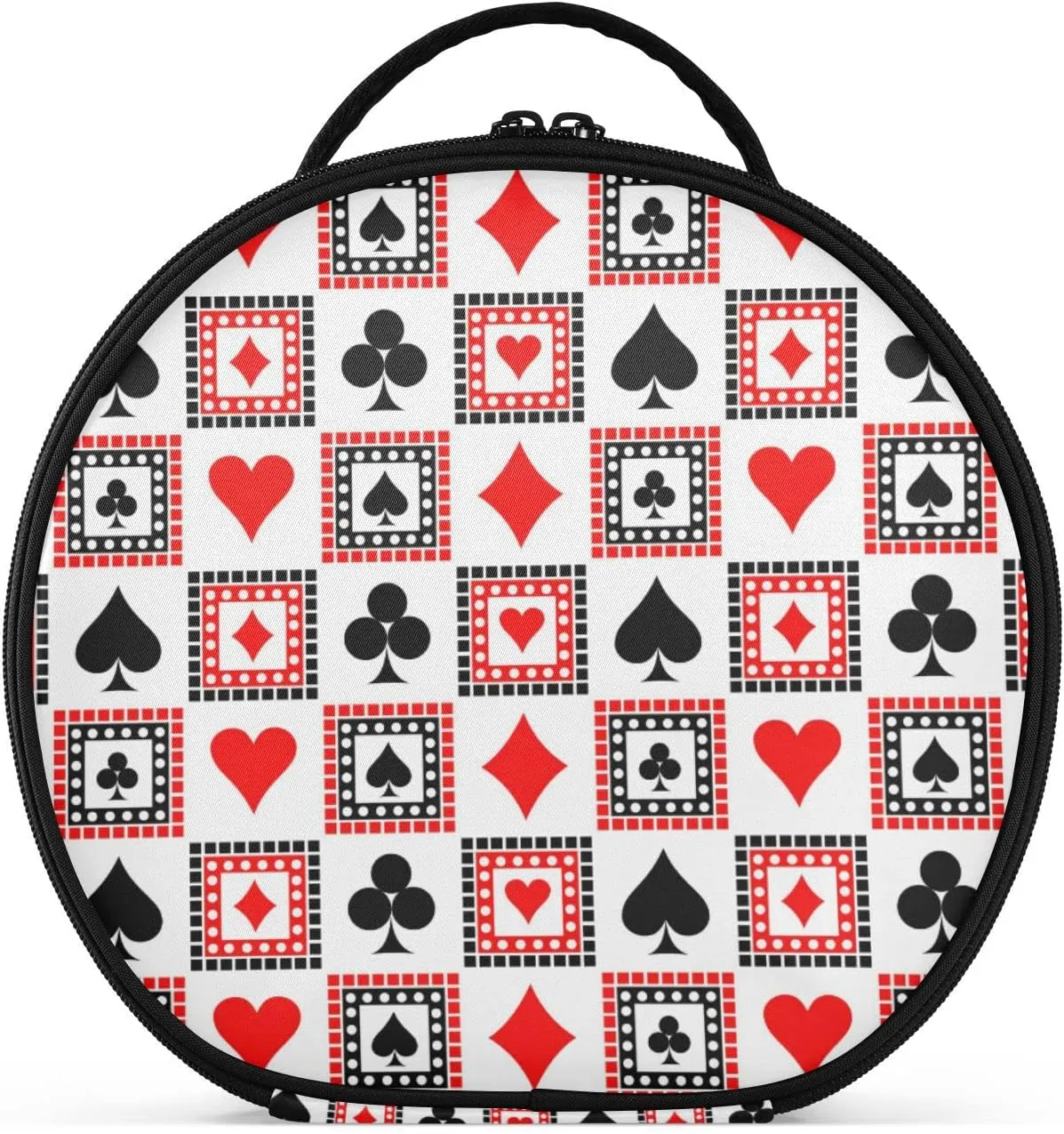 Playing Cards Bright Red, Black, White Symmetrical Geometric Women's Portable Round Makeup Bag with Handle, Cosmetic Bag, Adjustable Dividers, Travel Cosmetic Storage 11 x 3.5 x 10 inch