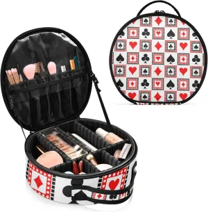 Playing Cards Bright Red, Black, White Symmetrical Geometric Women's Portable Round Makeup Bag with Handle, Cosmetic Bag, Adjustable Dividers, Travel Cosmetic Storage 11 x 3.5 x 10 inch