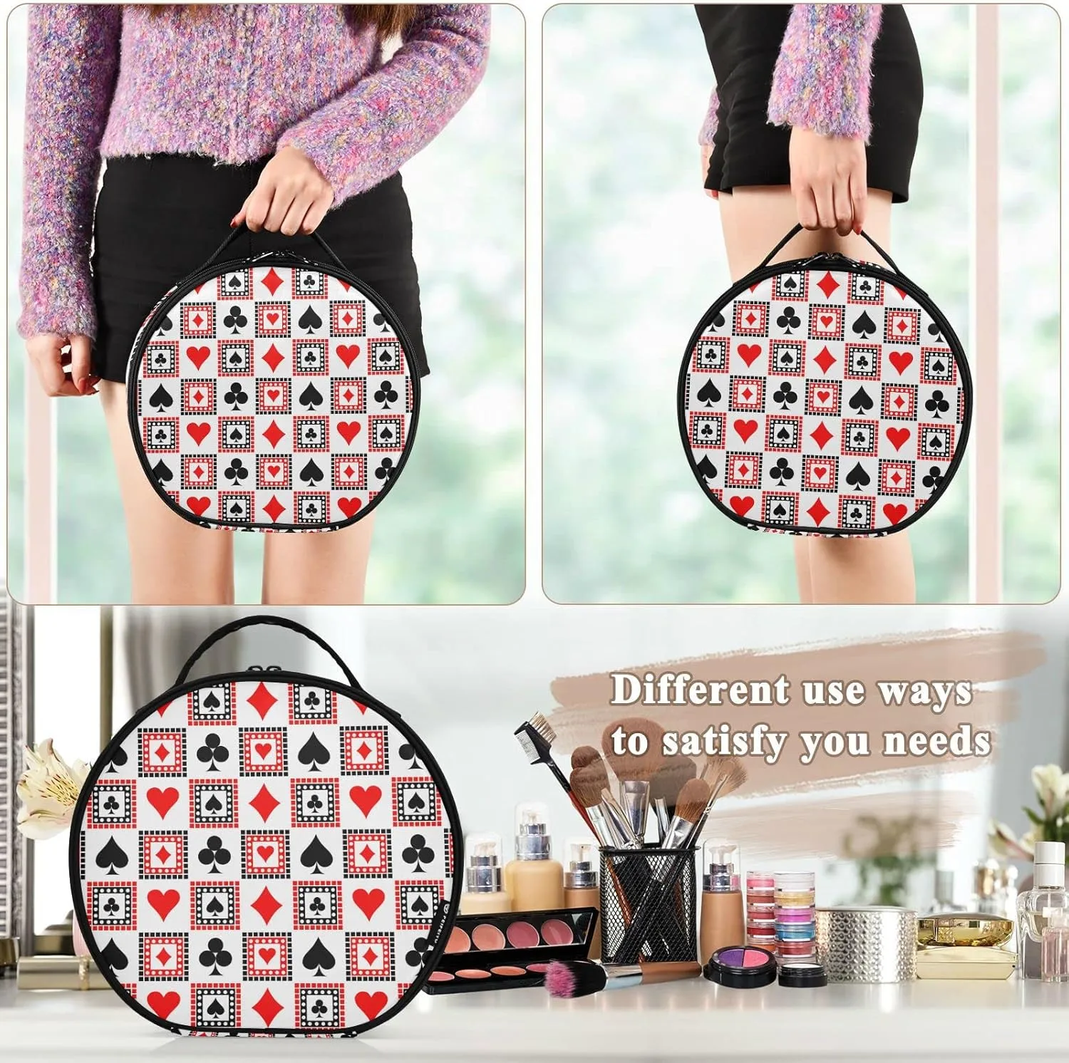 Playing Cards Bright Red, Black, White Symmetrical Geometric Women's Portable Round Makeup Bag with Handle, Cosmetic Bag, Adjustable Dividers, Travel Cosmetic Storage 11 x 3.5 x 10 inch